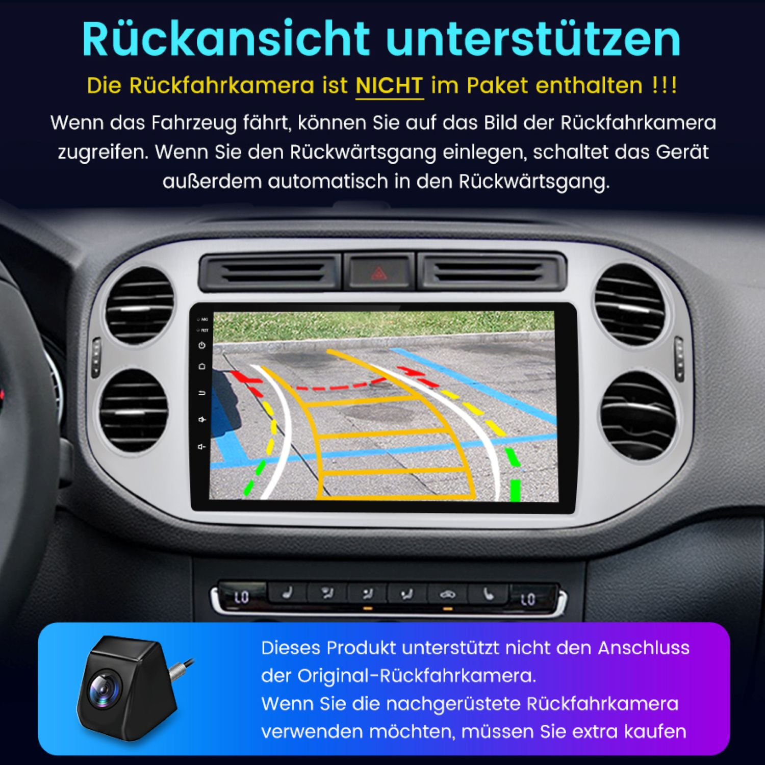 Deska rozdzielcza samochodu z ekranem wyświetlającym widok z kamery cofania oraz tekstem wskazującym, że kamera nie jest dołączona.