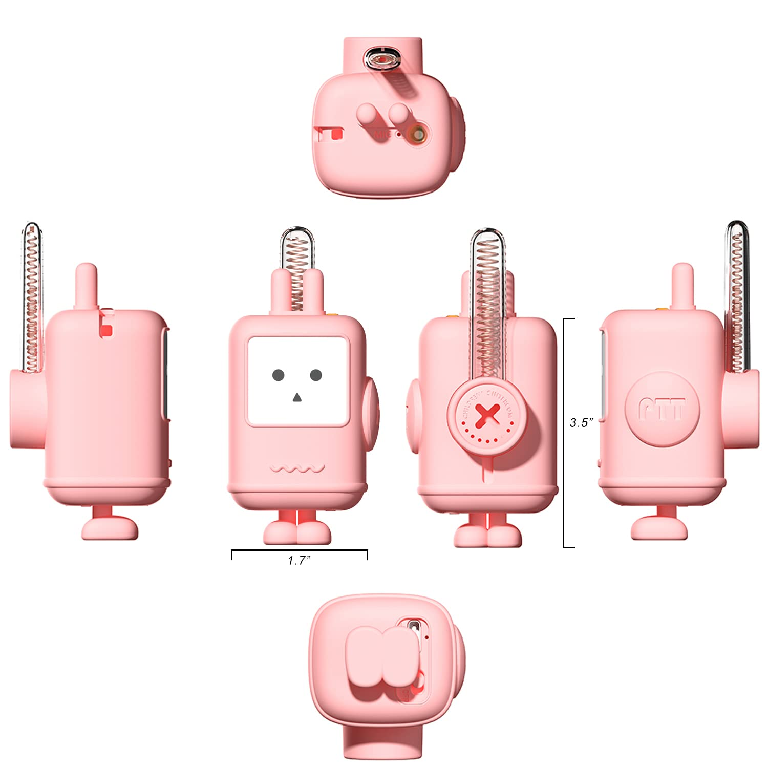 Mehrere Ansichten eines rosa roboterförmigen Geräts, das seine verschiedenen Winkel und Abmessungen zeigt.