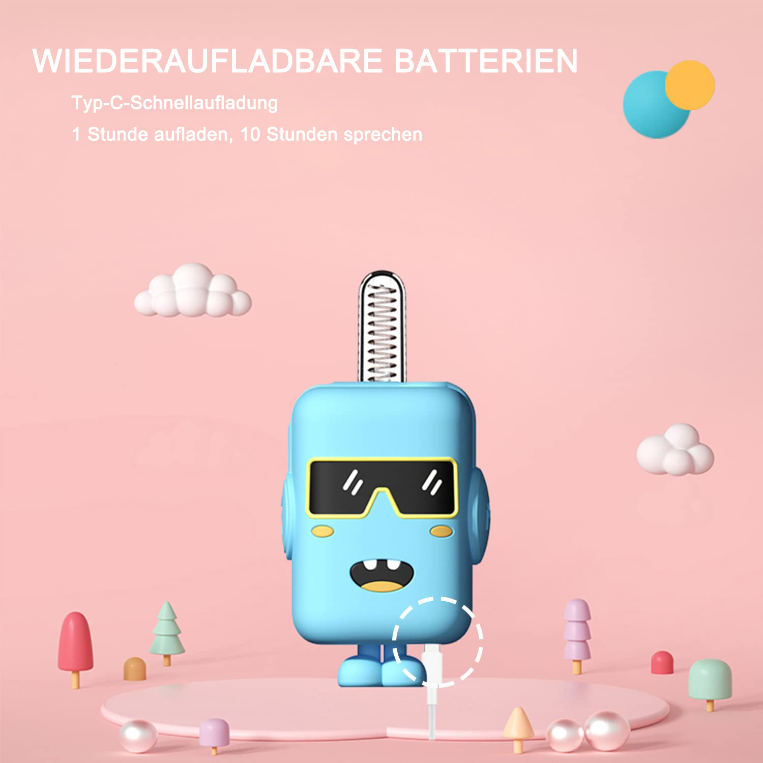 Ein blaues Roboter-Spielzeug mit Ladeanschluss, umgeben von kleinen bunten Objekten, auf rosa Hintergrund.