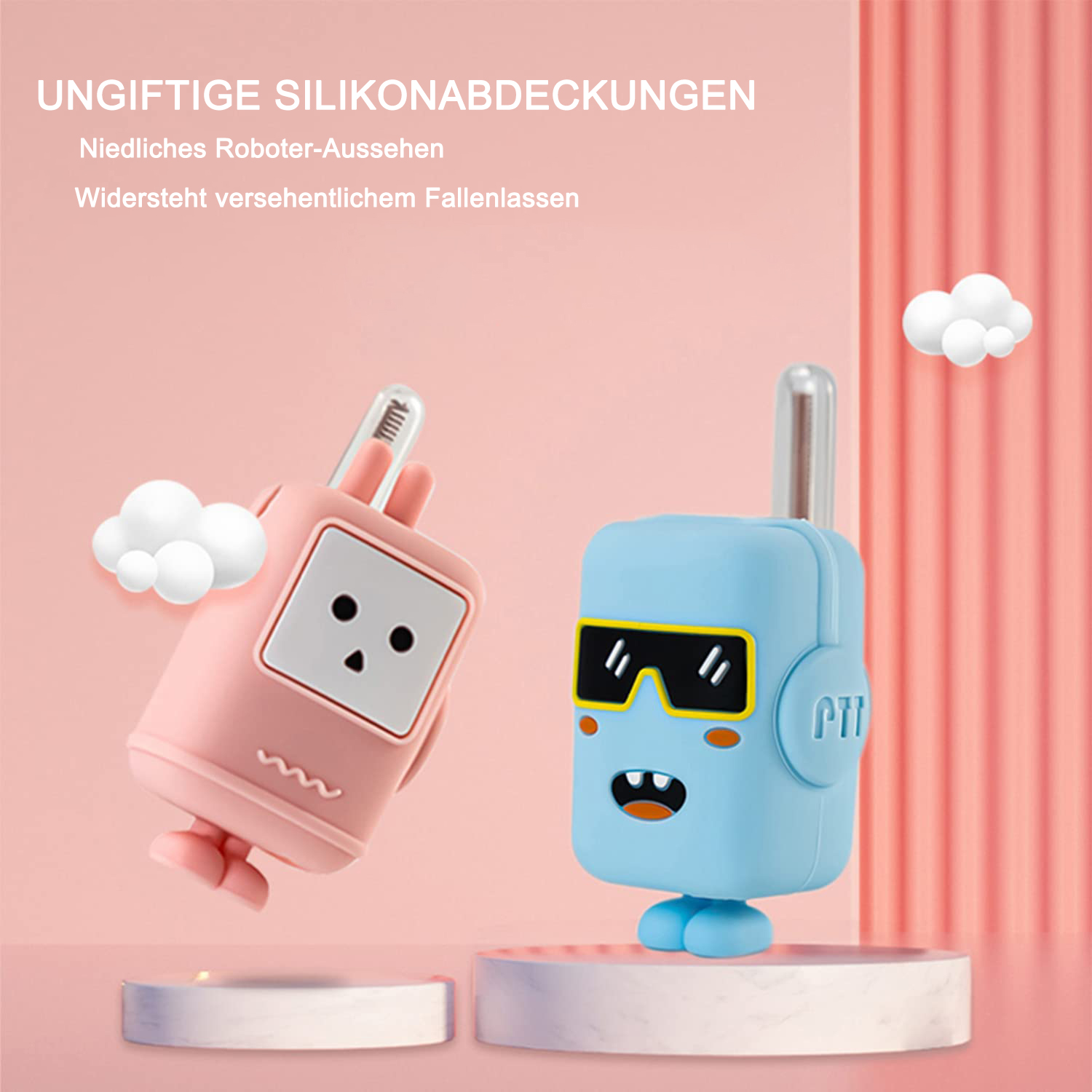 Zwei Spielzeug-Walkie-Talkies, eines rosa und eines blau, mit roboterartigen Designs, vor einem rosa Hintergrund mit Wolken.