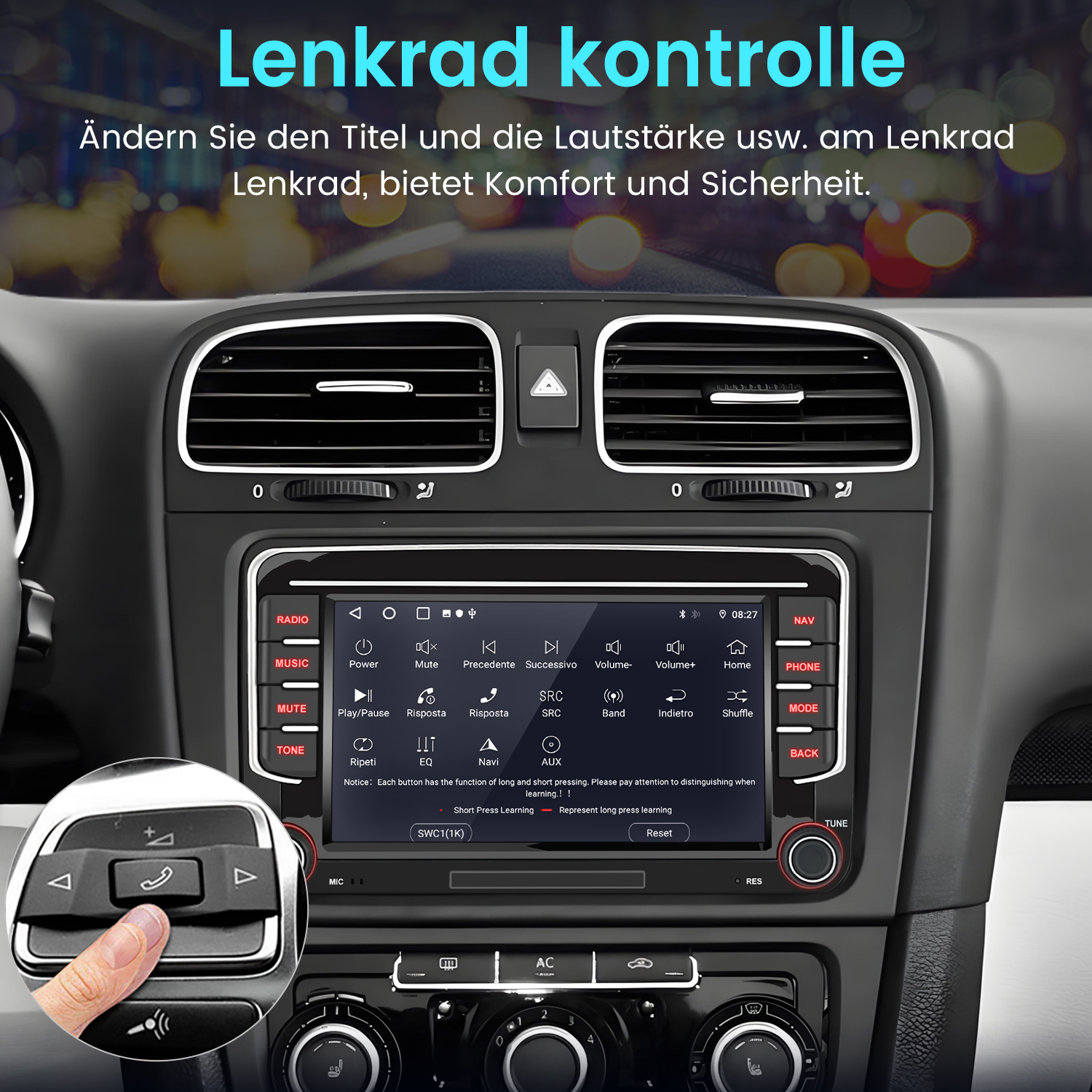 Ekran radia samochodowego z kontrolkami. Ręka naciska przycisk na kierownicy.