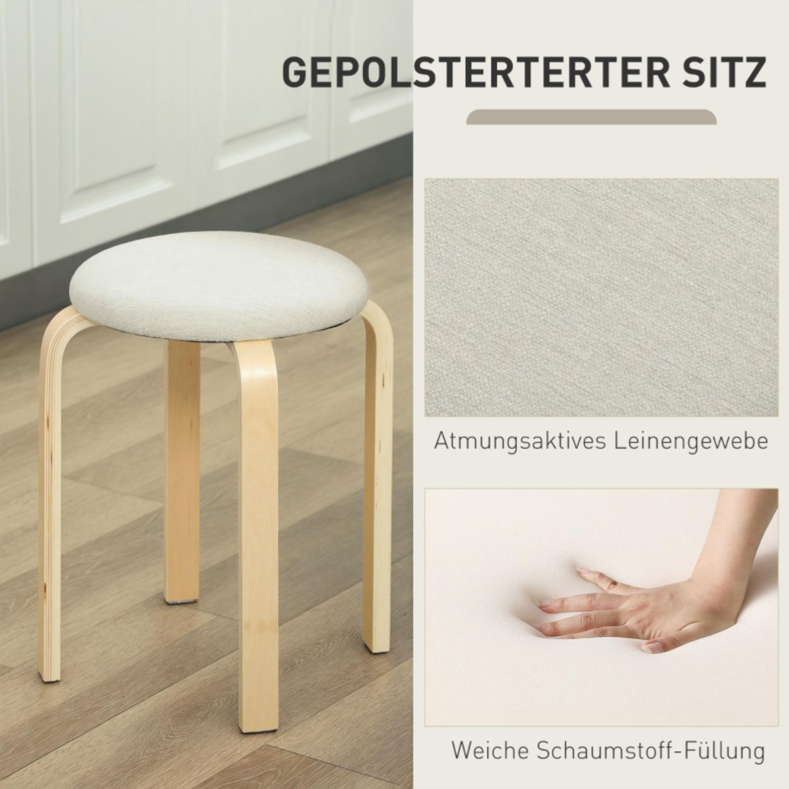 Ein heller Holzstuhl mit gepolstertem, hellgrauem Sitz. Text: 'Gepolsterter Sitz'.