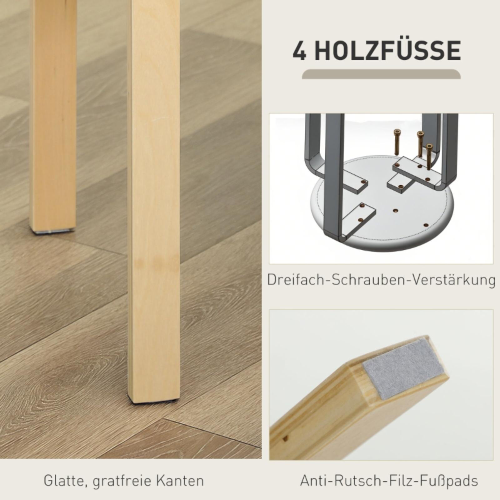 Nahaufnahme von Holzmöbelfüßen. Details umfassen Filz-Pads und Schraubenverstärkungen.