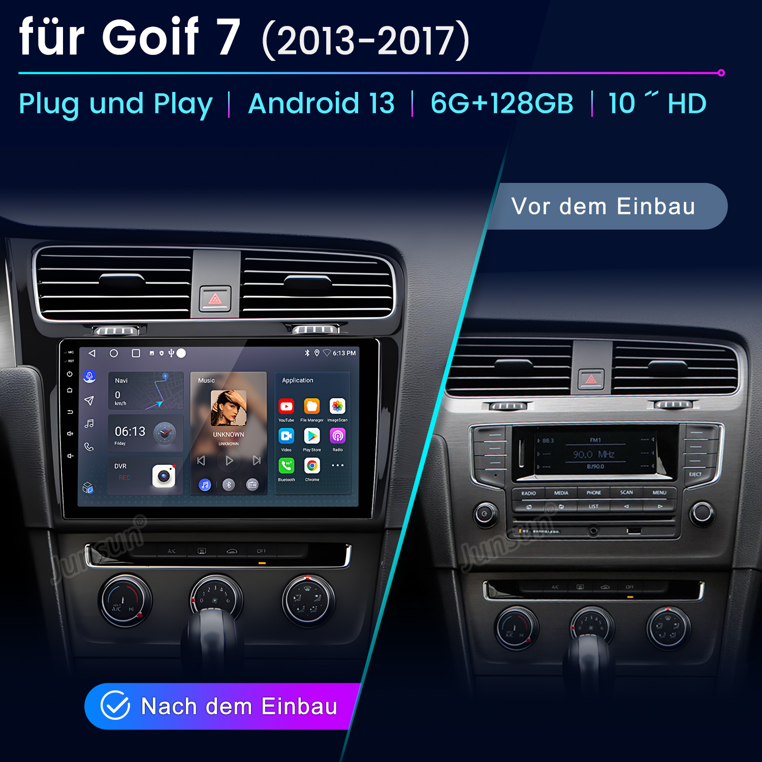 Auto-Armaturenbrett mit Android-Bildschirm, der Navigation und App-Symbole anzeigt.