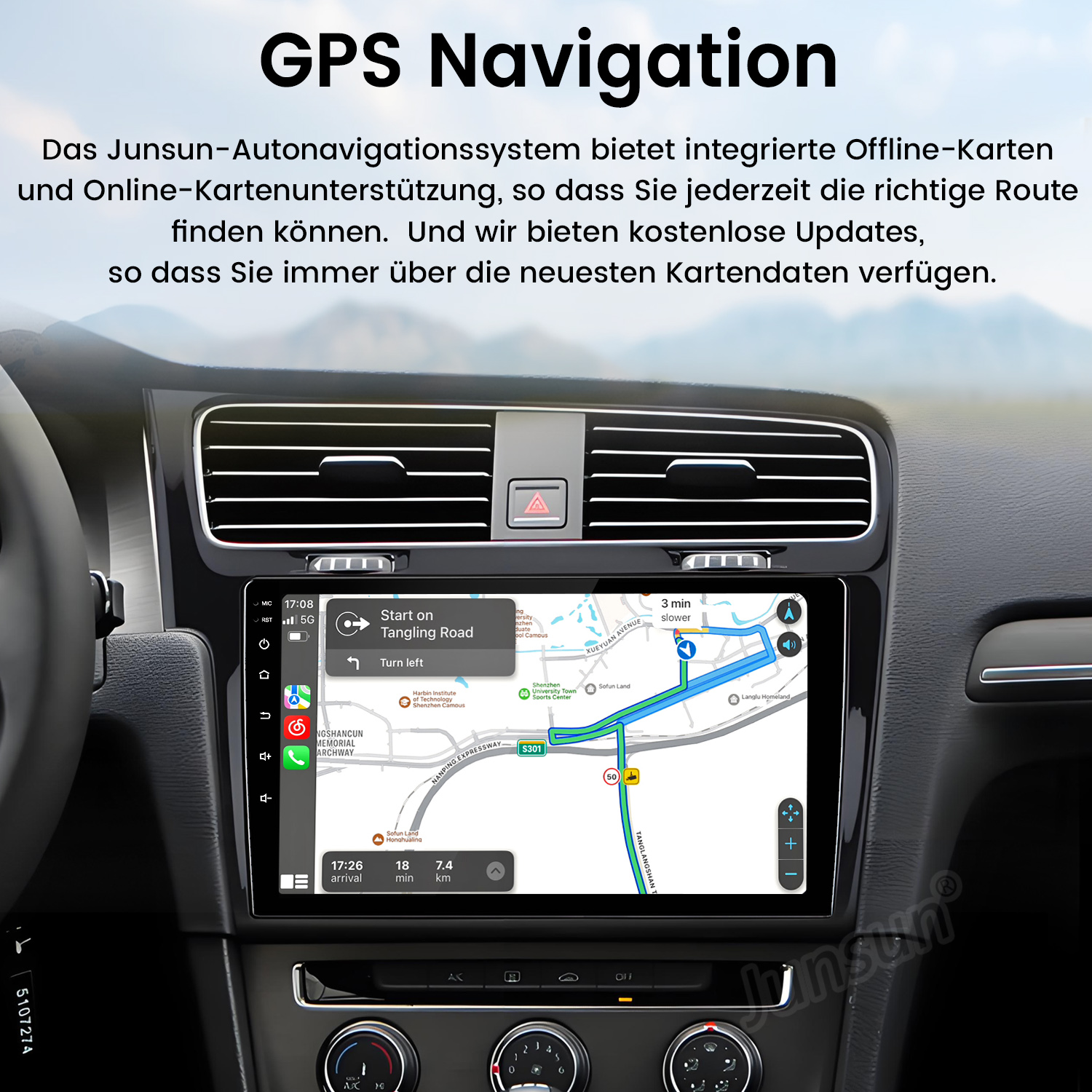 Auto-Armaturenbrett mit Navigationssystem, das eine Karte zeigt, Teil des Infotainments.