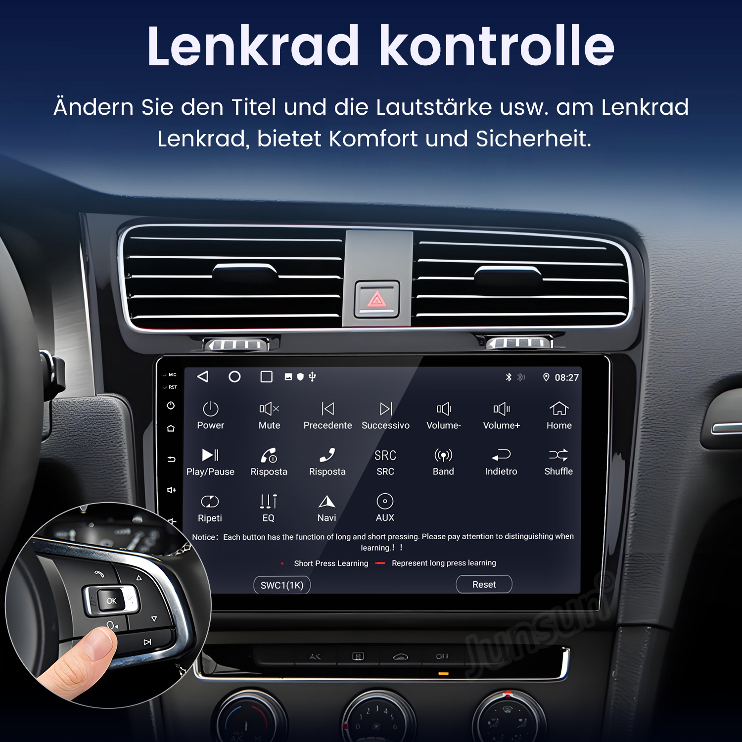 Ein Auto-Armaturenbrett mit einem Bildschirm, der verschiedene Einstellungen anzeigt. Eine Hand berührt einen Bedienknopf.