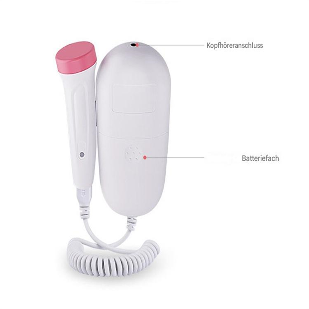 Ein weißes Ultraschallgerät mit rosa Oberteil. Es hat ein spiralförmiges Kabel und liegt auf weißem Grund.