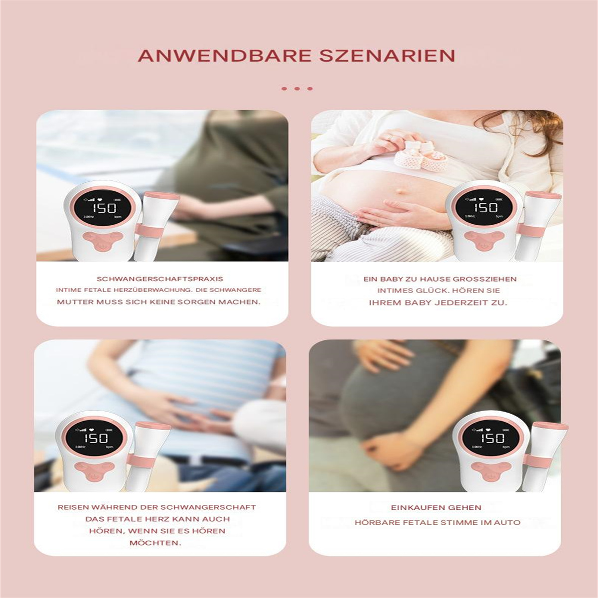 Vier Bilder, die die Verwendung eines medizinischen Geräts während der Schwangerschaft zeigen, mit Text auf Deutsch.