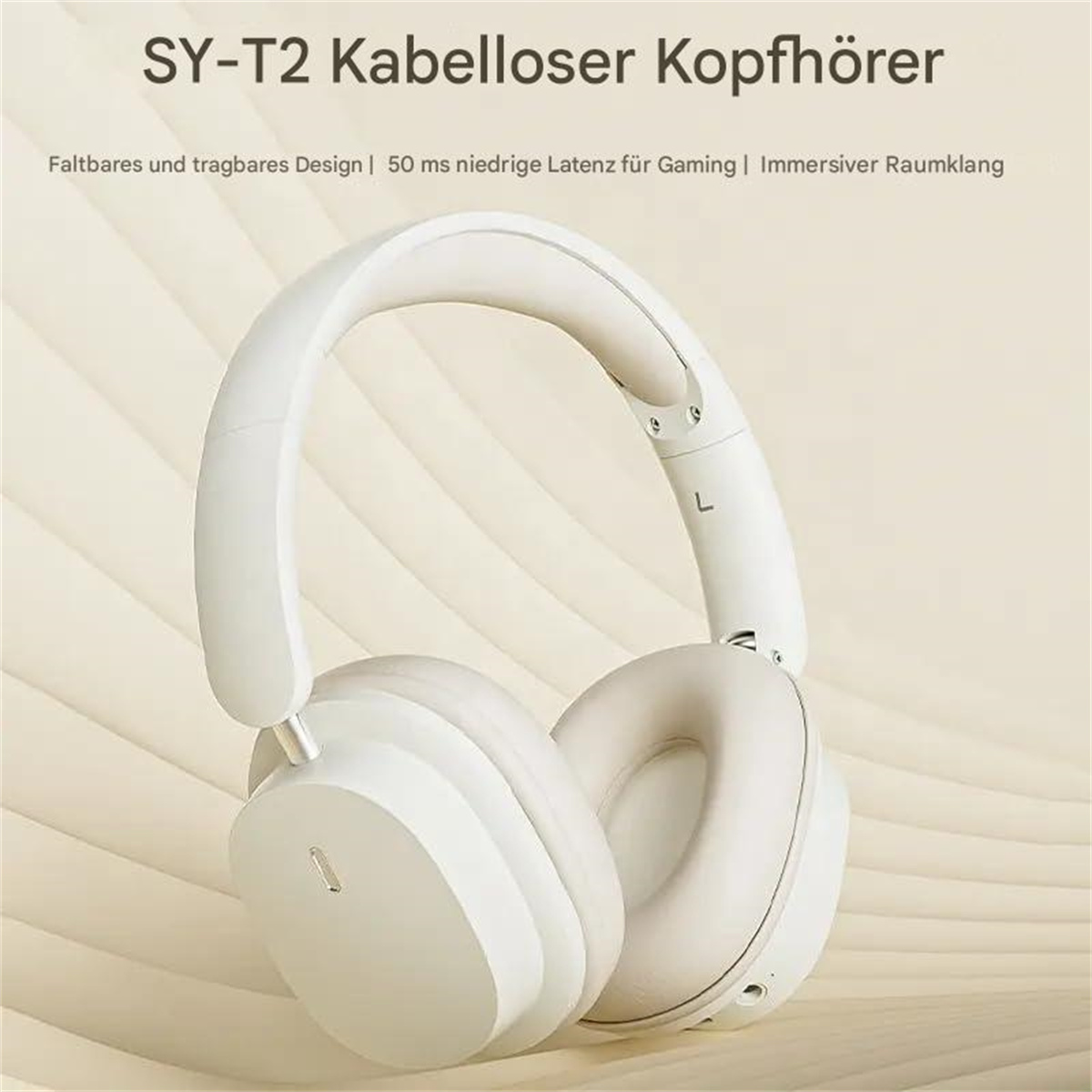 Weiße Over-Ear-Kopfhörer mit Text über faltbares und tragbares Design.