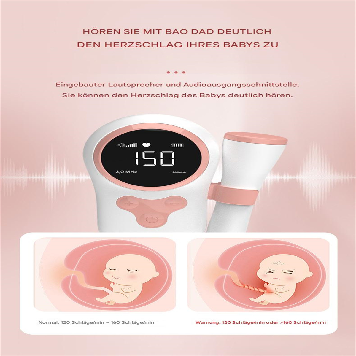 Ultraschallgerät mit Anzeige 150, mit Baby-Illustration und Text auf Deutsch.