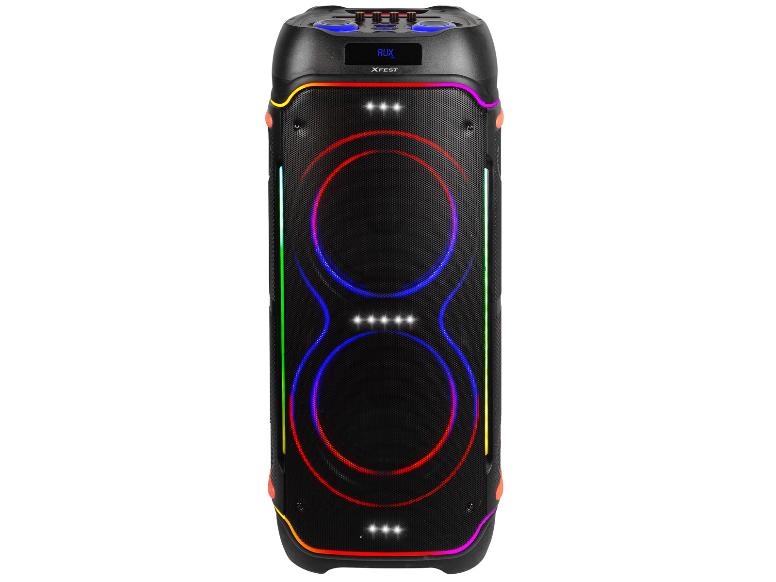Un altoparlante nero con luci colorate. Ha un display che dice AUX. Lo sfondo è bianco.