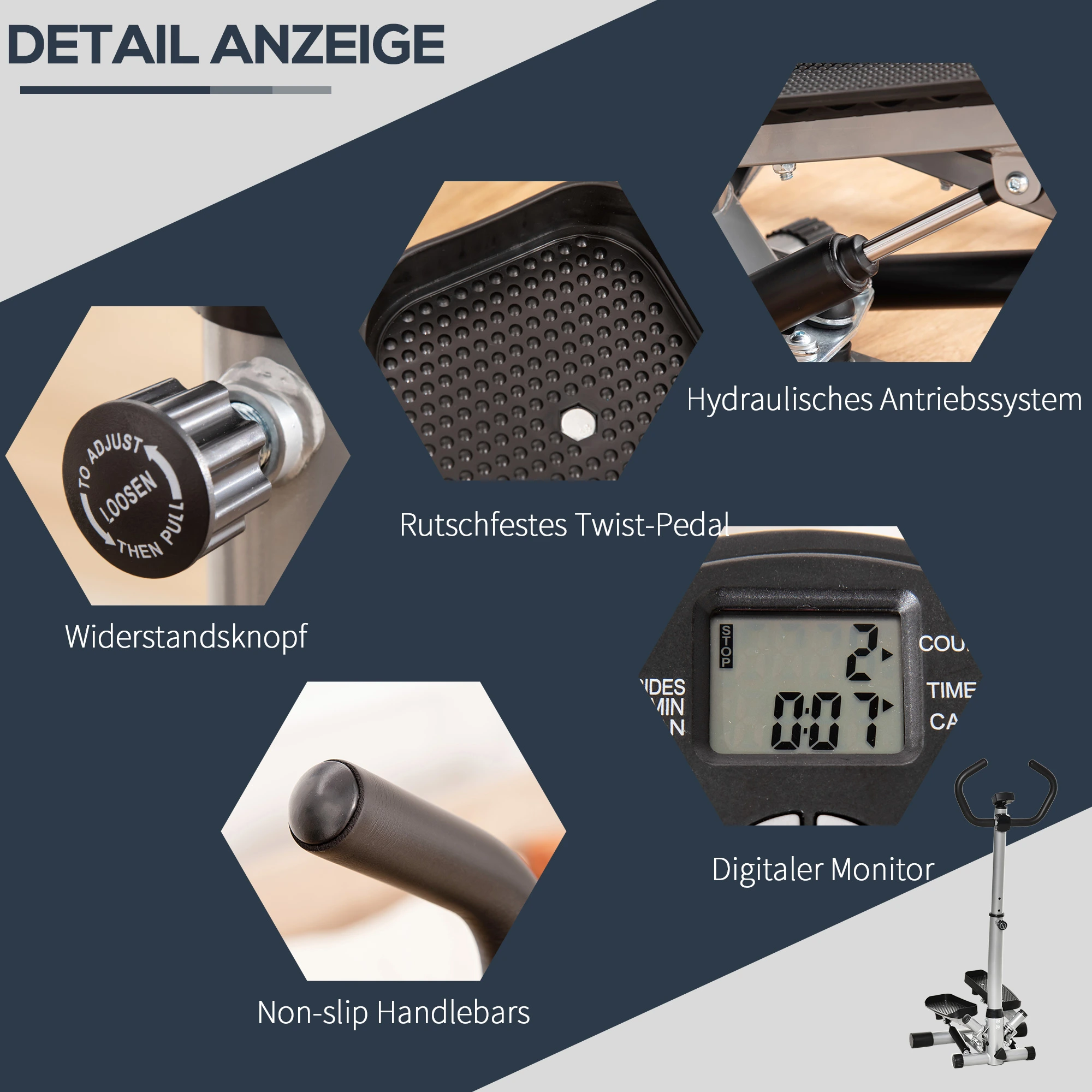 Ein Bild mit Details eines Steppers, einschließlich Widerstandsknopf, Pedalen und Digitalmonitor.