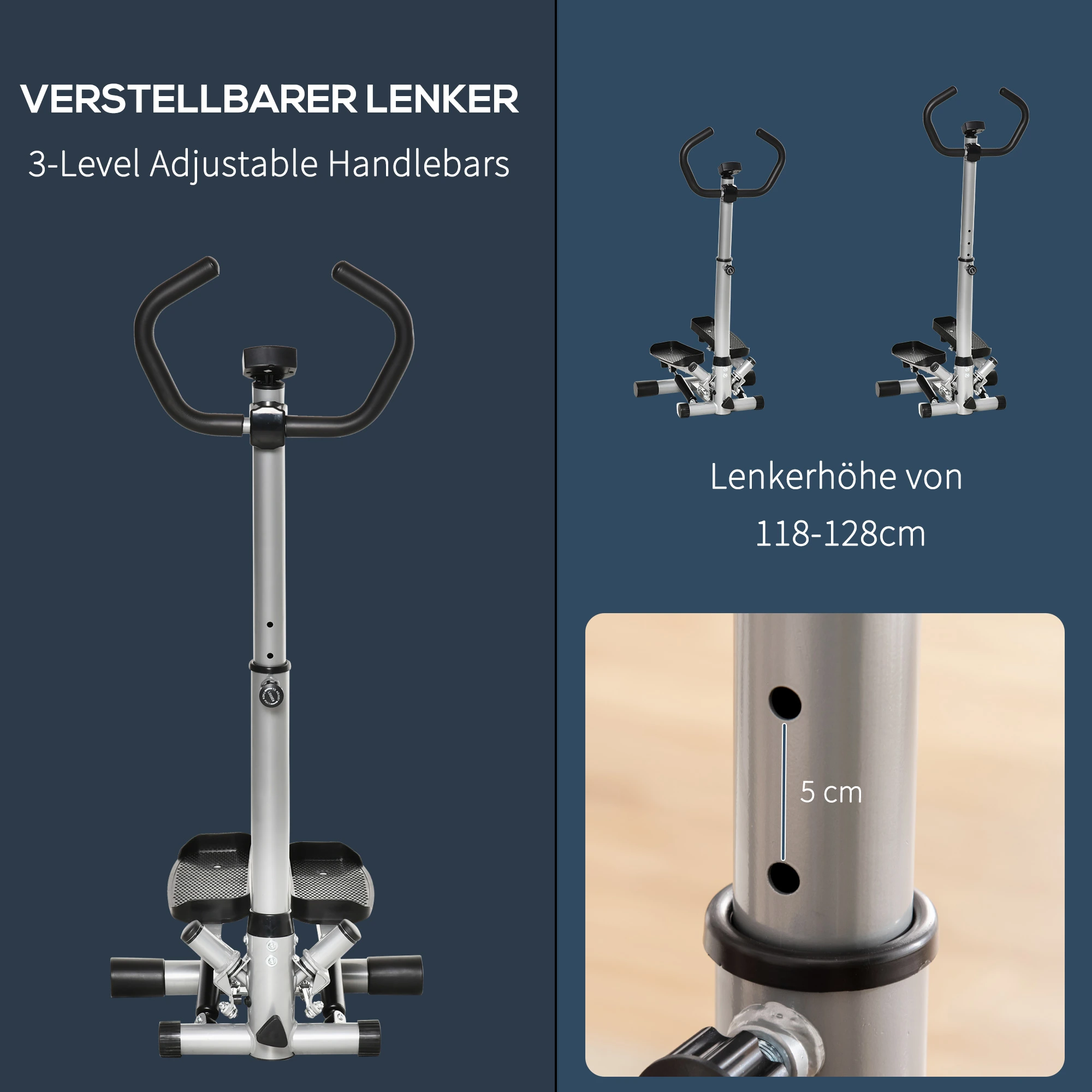 Bilder, die einen Stepper mit verstellbaren Lenkern zeigen, mit Höhenoptionen und Maßen in cm.