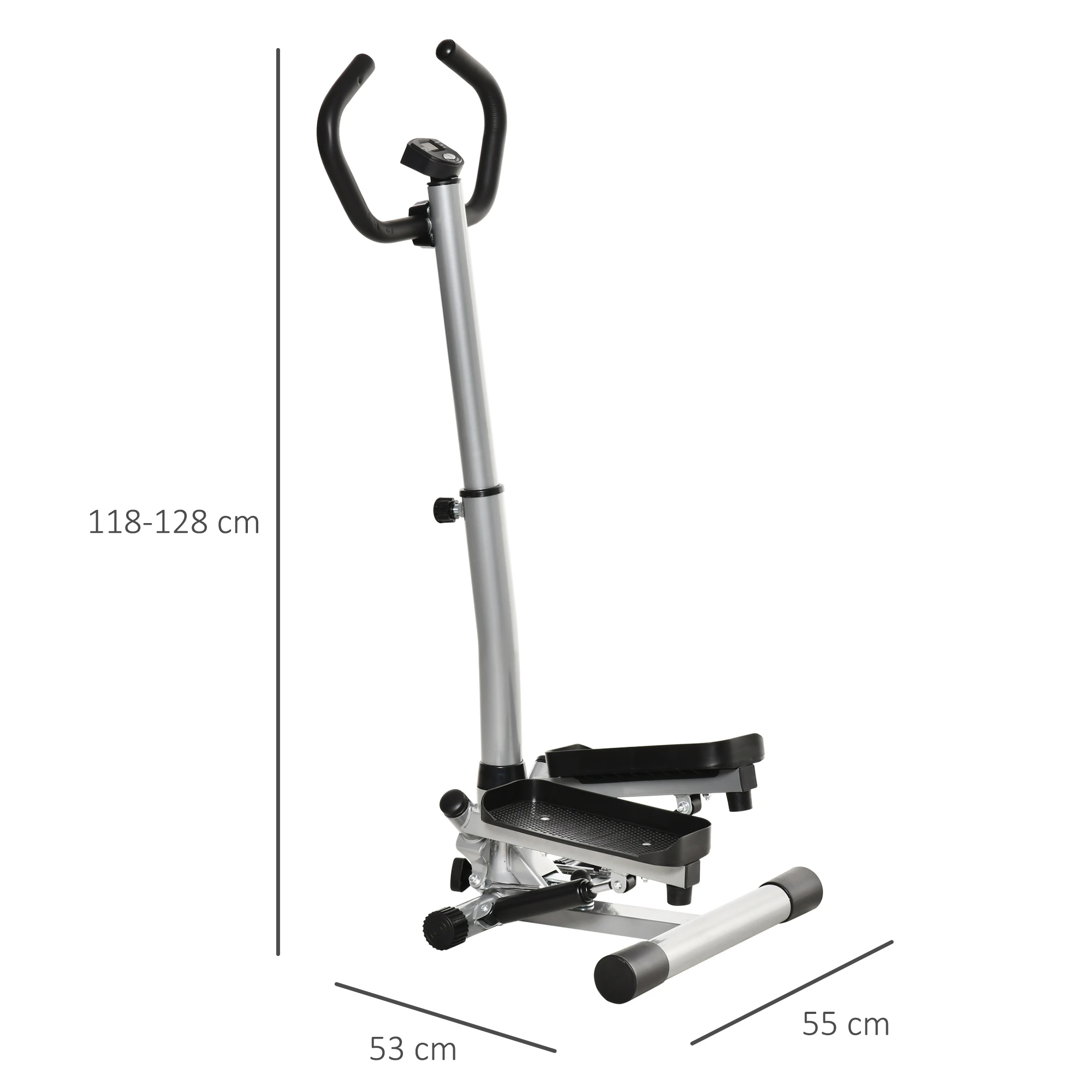 Eine Stepper-Maschine vor weißem Hintergrund, mit Abmessungen: 118-128 cm Höhe, 53x55 cm Basis.