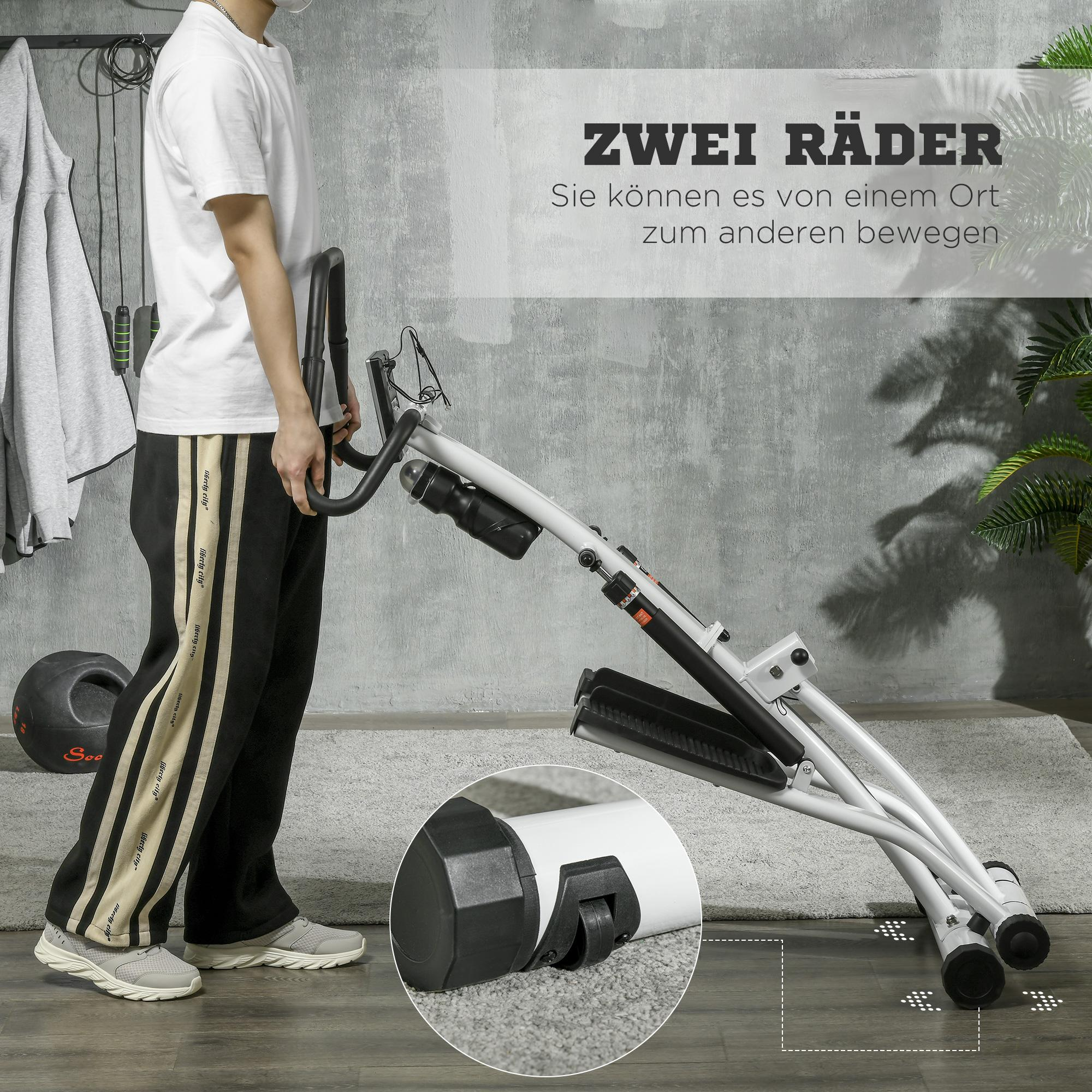 Eine Person neben einer Steppmaschine. Die Maschine hat Räder. Der Hintergrund ist eine graue Wand.