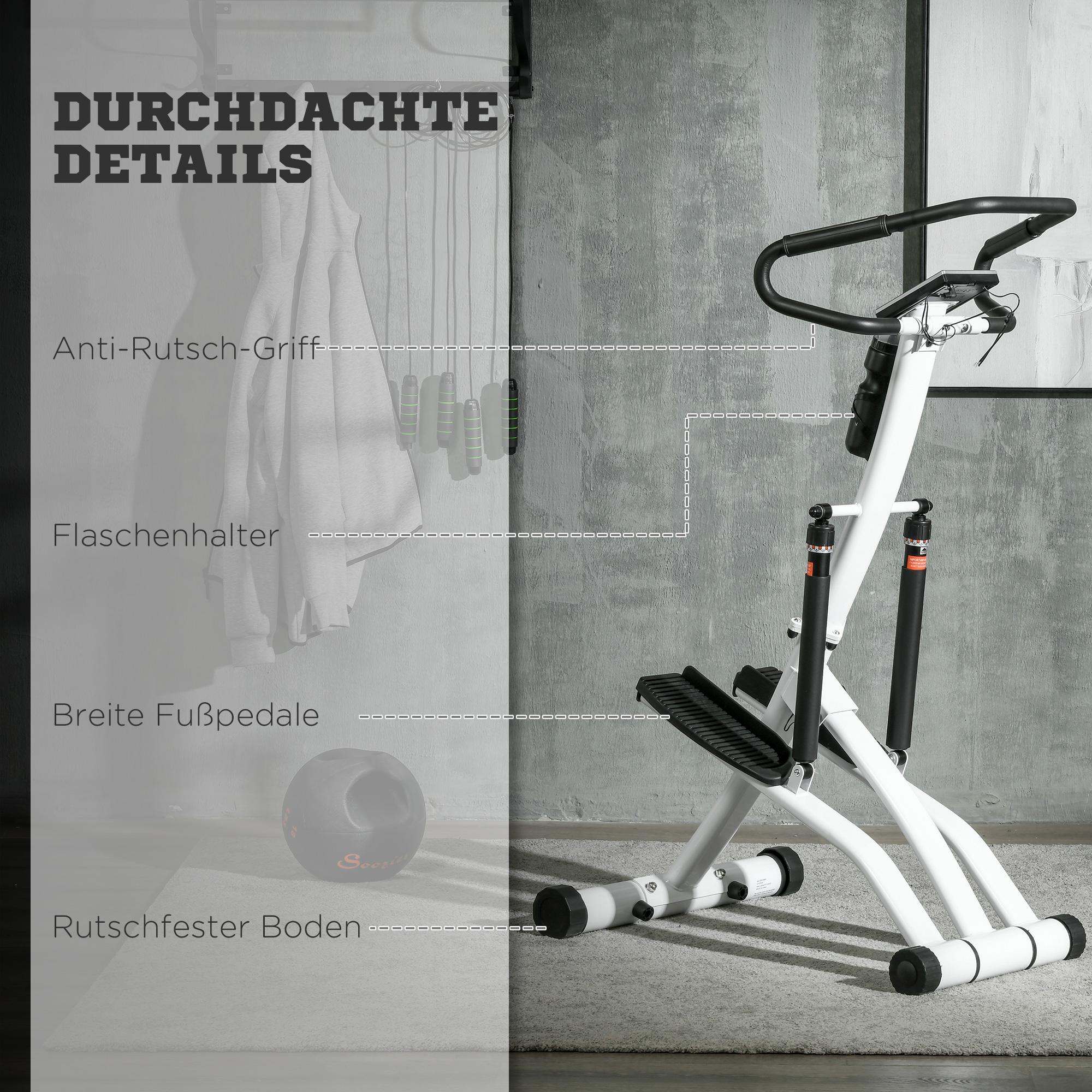 Stepper-Details: Anti-Rutsch-Griff, Flaschenhalter, breite Pedale und rutschfester Boden, vor grauem Hintergrund.
