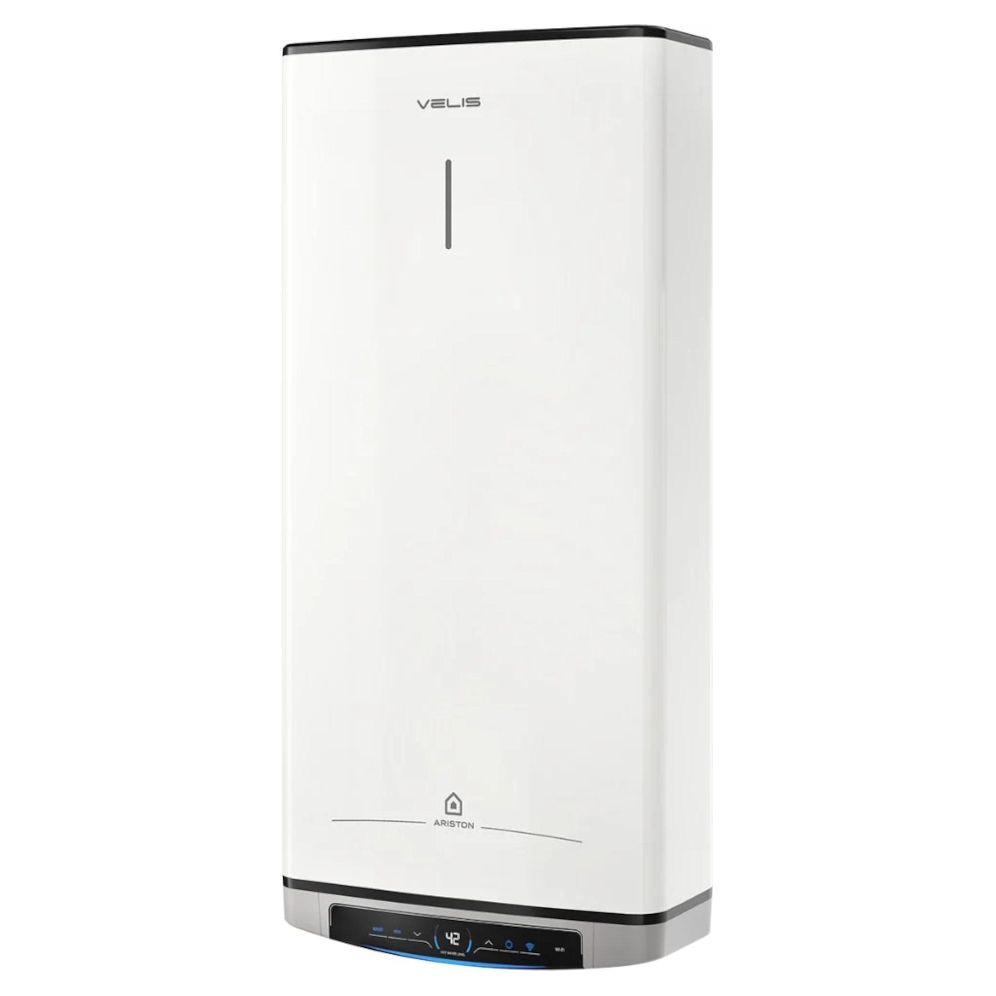 Scaldabagno Ariston Velis bianco su sfondo bianco. Parte superiore e inferiore nere. Il display digitale mostra 42.