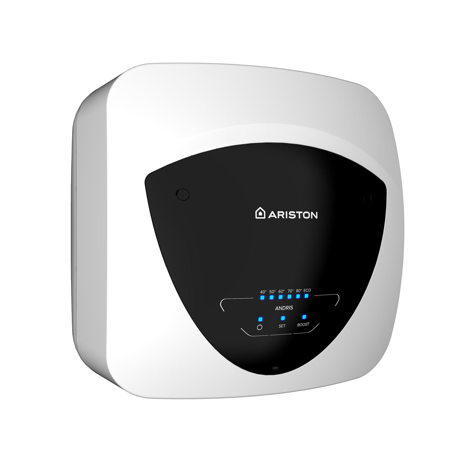 Scaldabagno Ariston quadrato bianco con pannello centrale nero e impostazioni della temperatura.