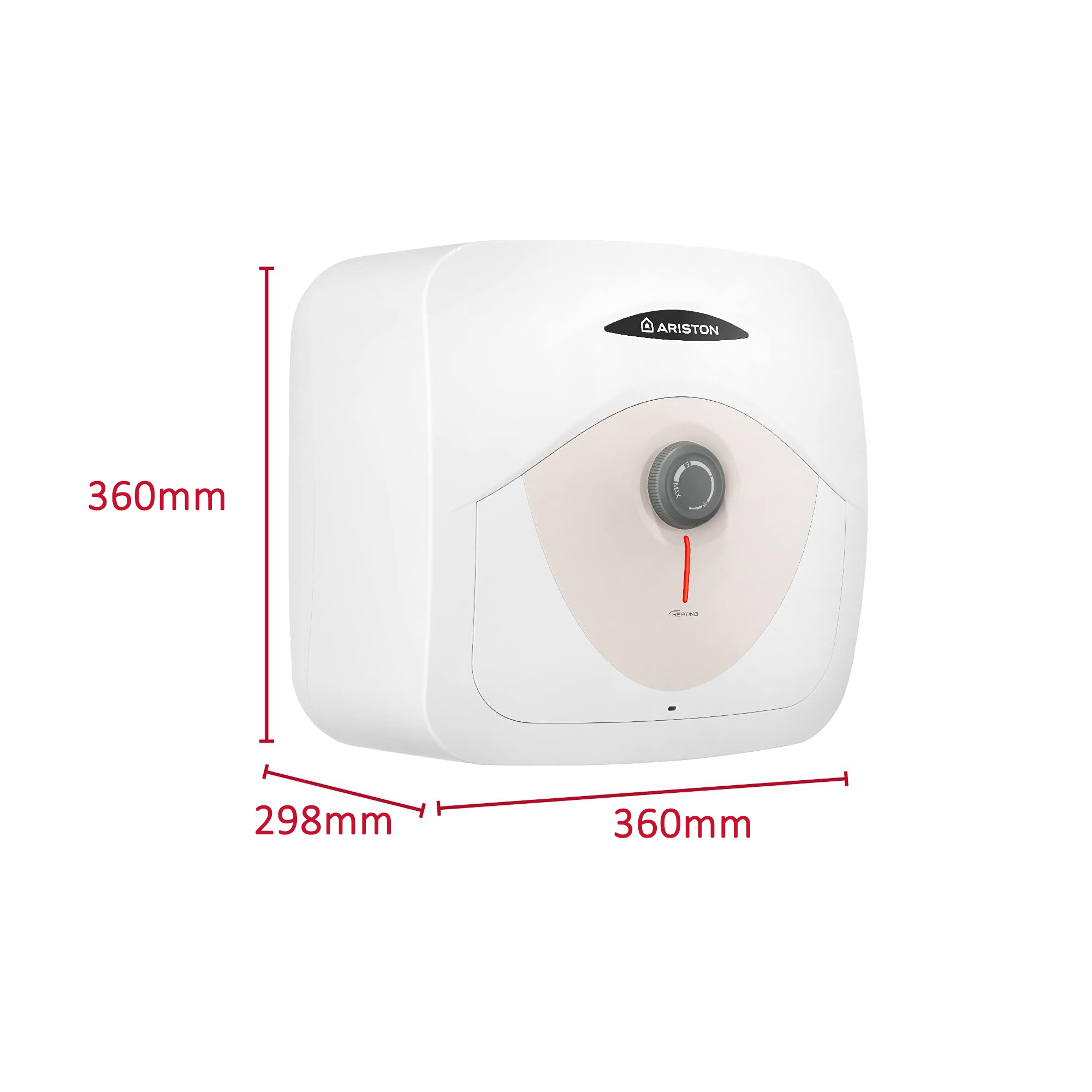 Scaldabagno bianco e quadrato. Un quadrante e un indicatore rosso sul davanti. Dimensioni fornite.