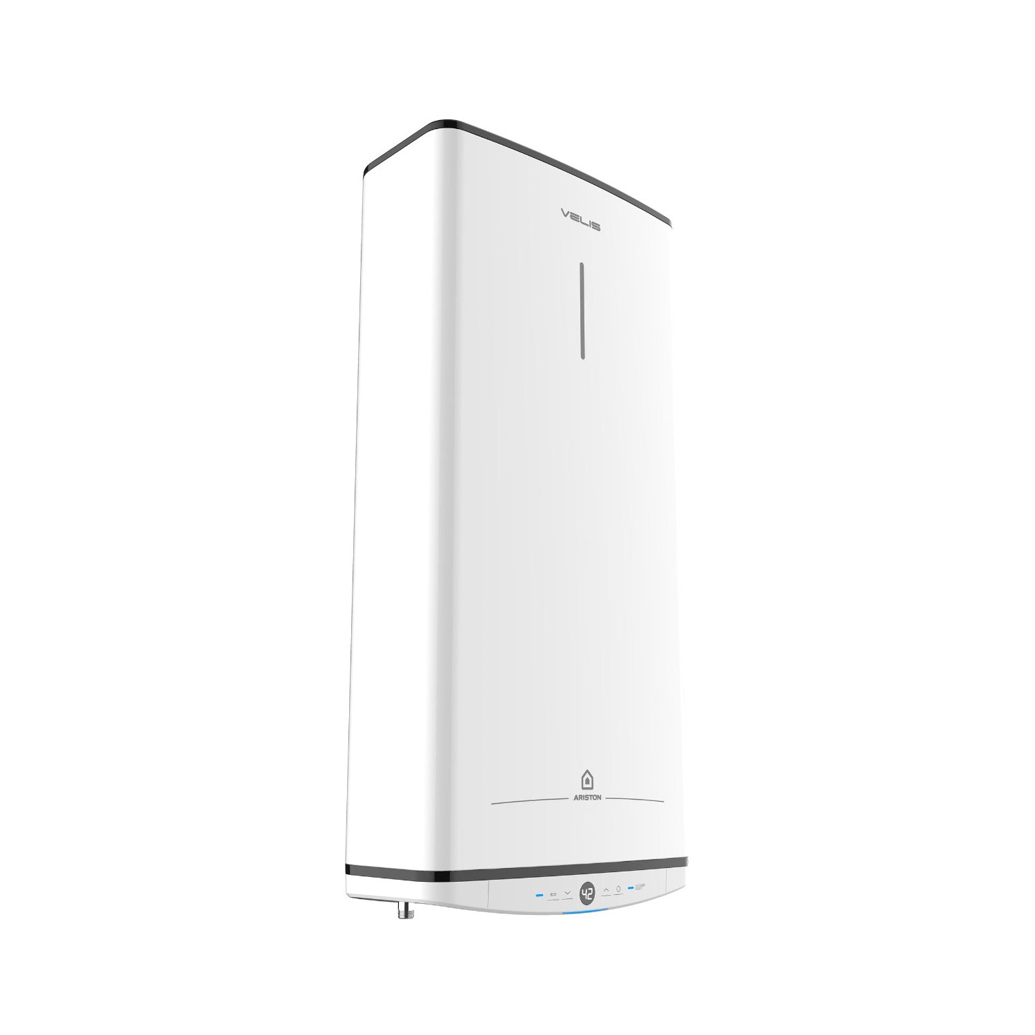 Scaldabagno bianco di forma rettangolare. Il logo Ariston è in basso. Design elegante.