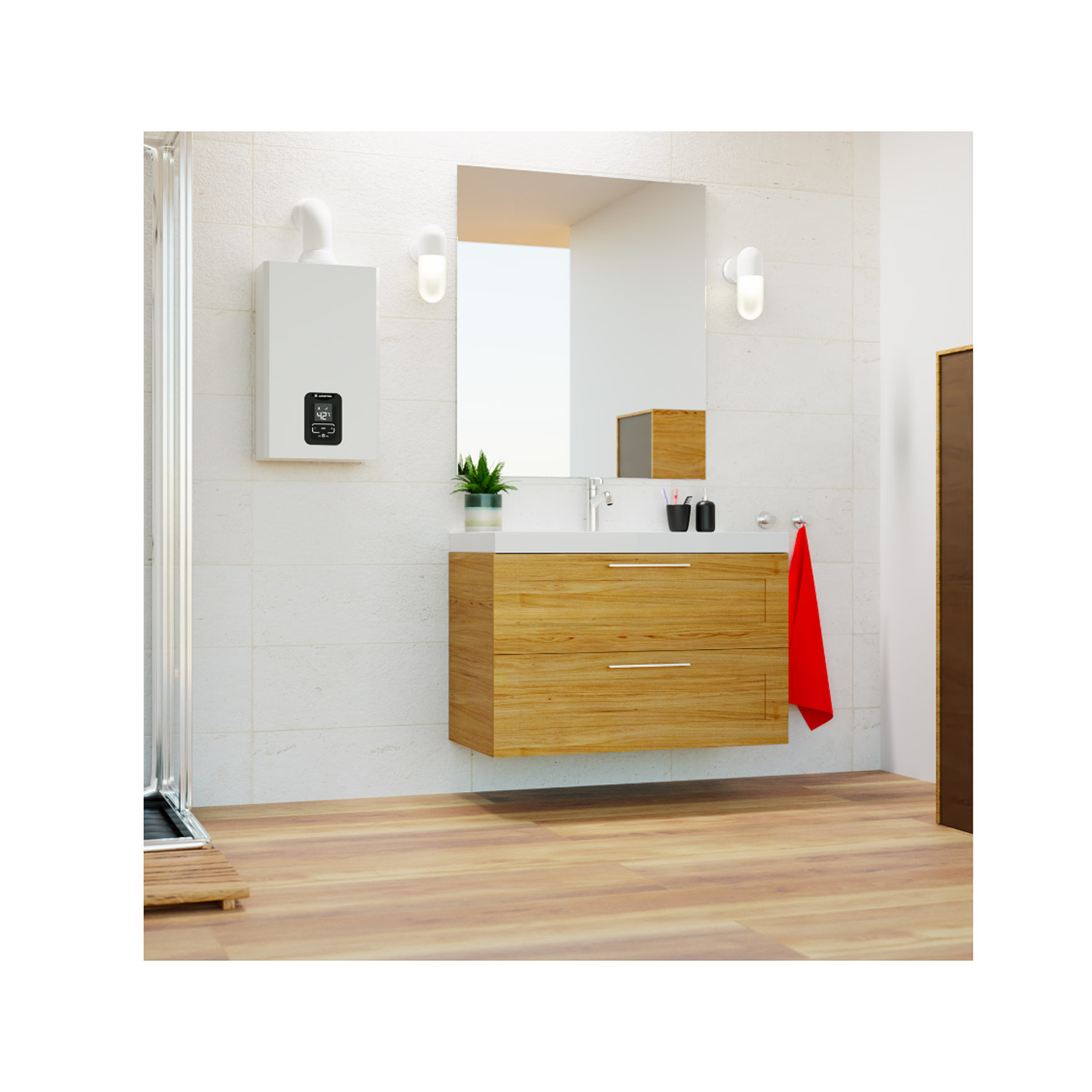 Bagno con scaldabagno bianco, specchio e mobile da bagno in legno con cassetti. Appesa un'asciugamano rosso.