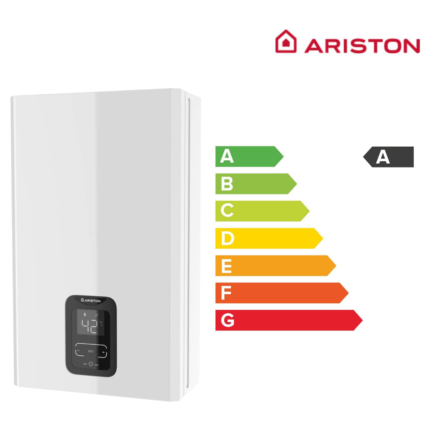 Scaldabagno Ariston bianco a parete e un'etichetta energetica. L'etichetta mostra una classe energetica 'A'.