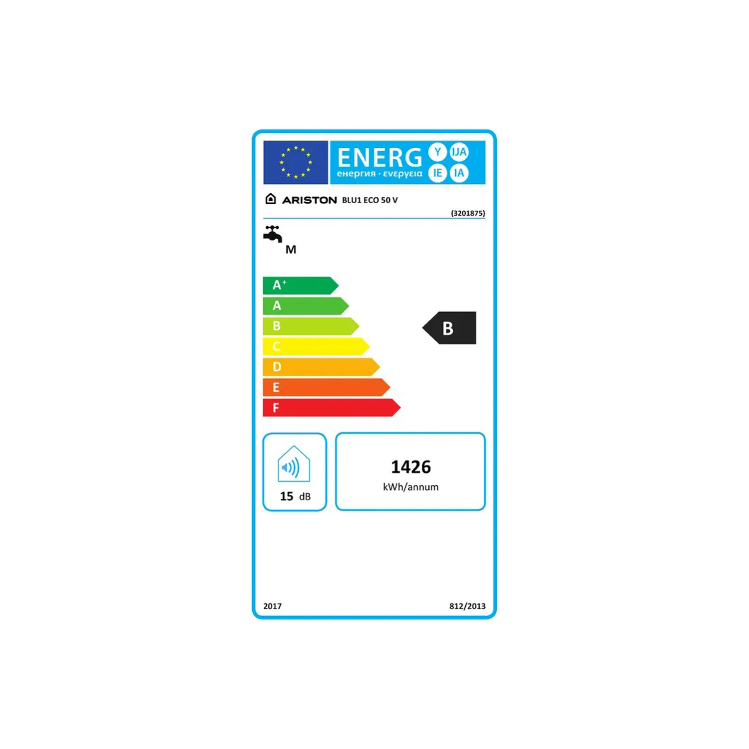 Etichetta energetica per uno scaldabagno. Mostra la classe di efficienza energetica B e altre informazioni tecniche.