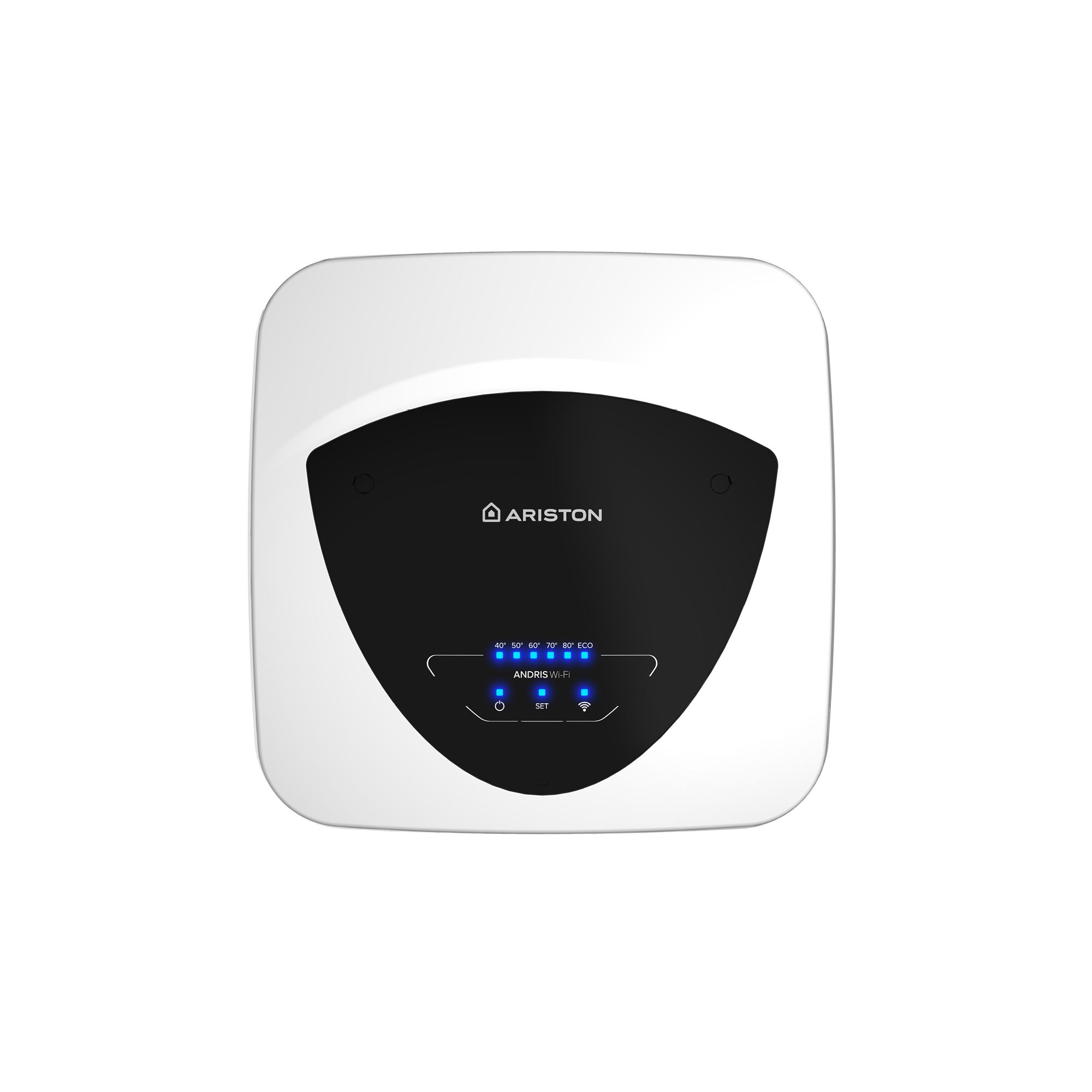 Vista frontale di uno scaldabagno Ariston bianco e nero. Ha display digitale e pulsanti di controllo. Il logo Ariston è visibile.