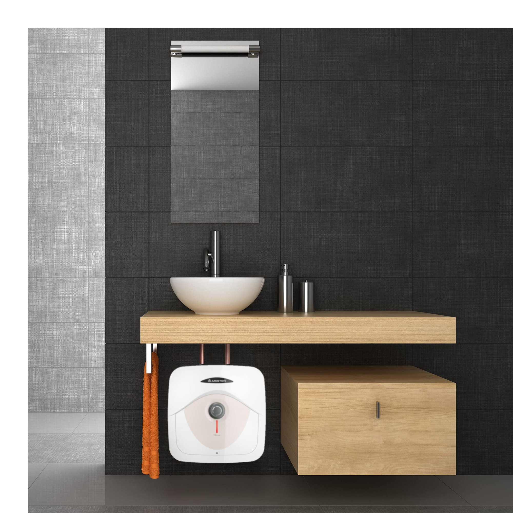 Una scena del bagno con uno scaldabagno bianco installato sotto un mobile in legno. C'è un lavandino, uno specchio e un asciugamano.