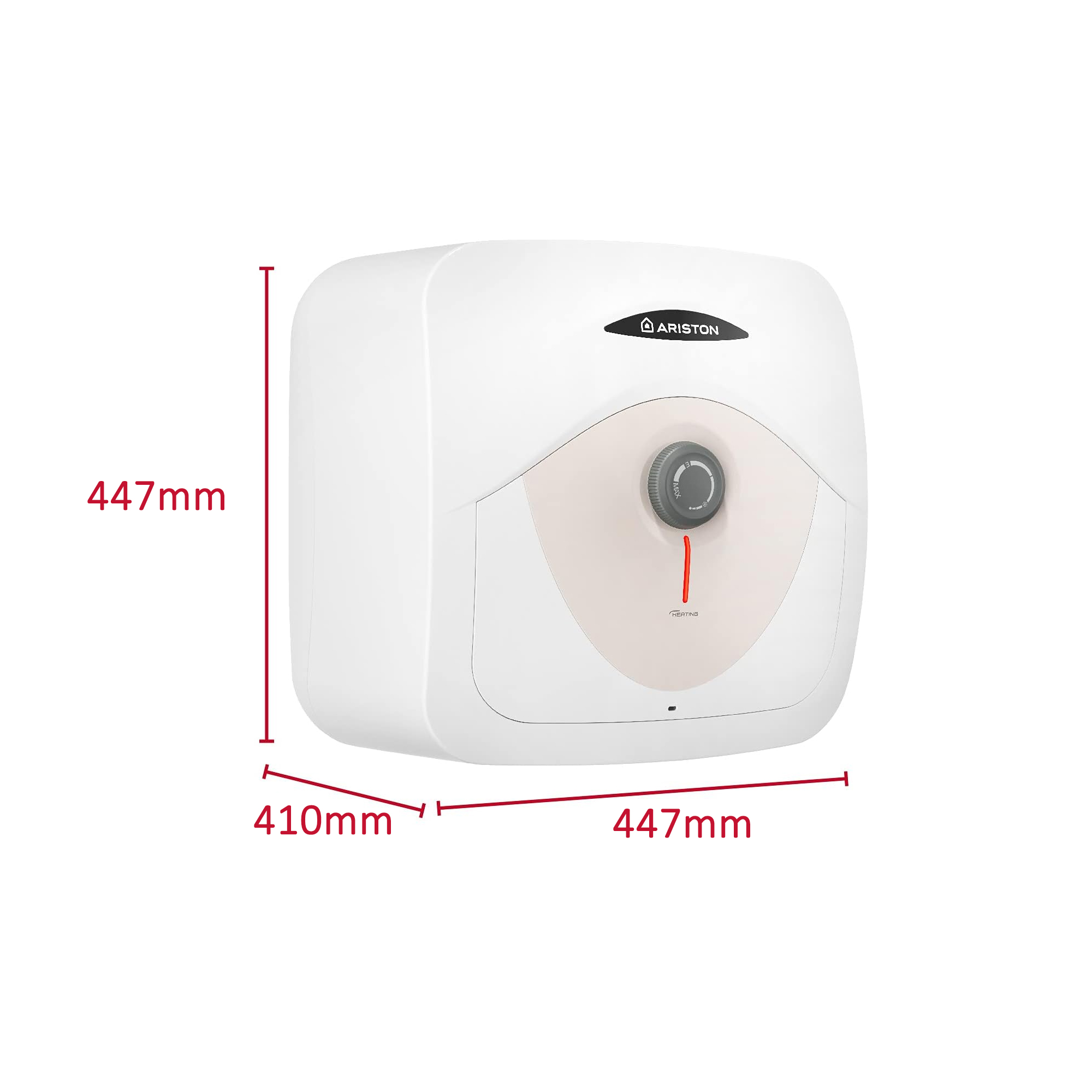 Scaldabagno Ariston bianco, quadrato, con dimensioni etichettate. Le dimensioni sono 447 mm di altezza, 410 mm di larghezza e 447 mm di profondità.