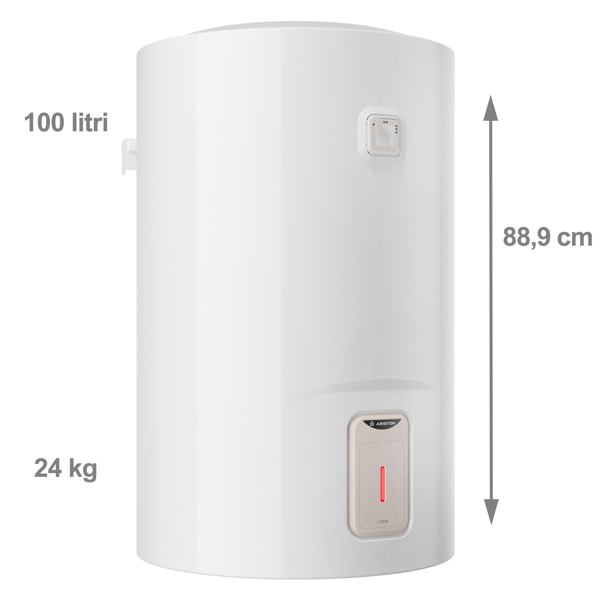 Scaldabagno Ariston bianco con dimensioni e capacità etichettate. Mostra 100 litri, 24 kg di peso e 88,9 cm di altezza.