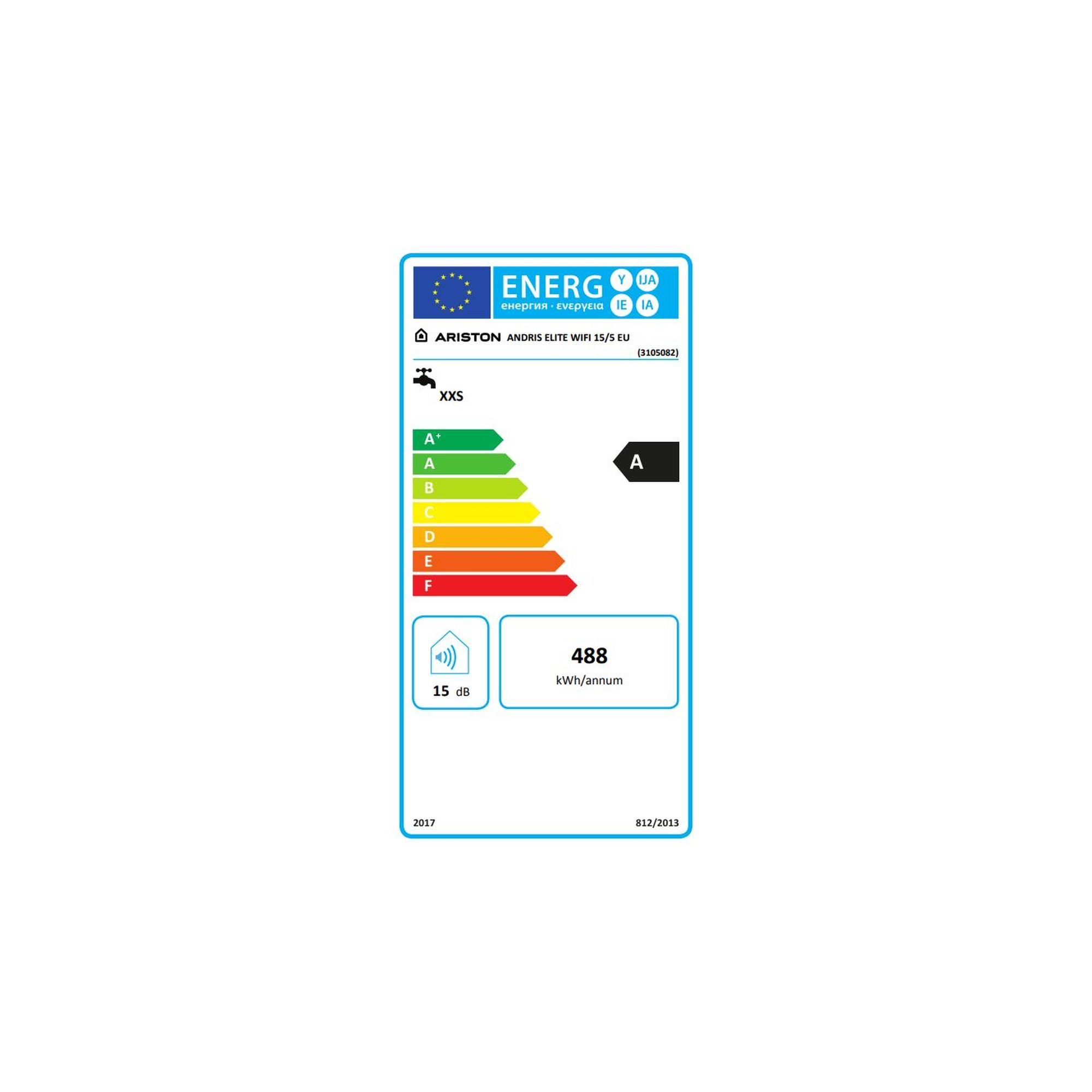 Etichetta energetica che mostra l'efficienza dello scaldabagno Ariston. Mostra una valutazione 'A' e 488 kWh/anno di consumo.