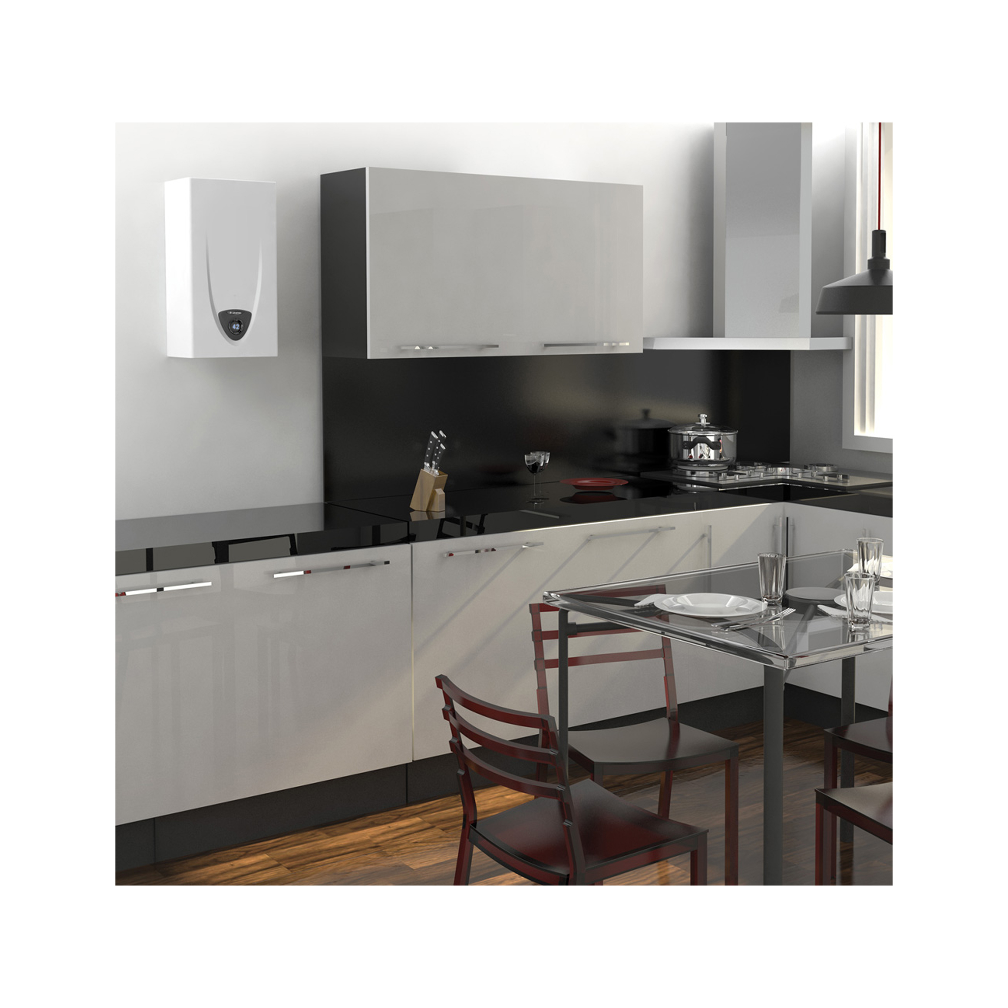 Uno scaldabagno bianco su una parete in una cucina moderna. Mobili bianchi e neri e tavolo di vetro.