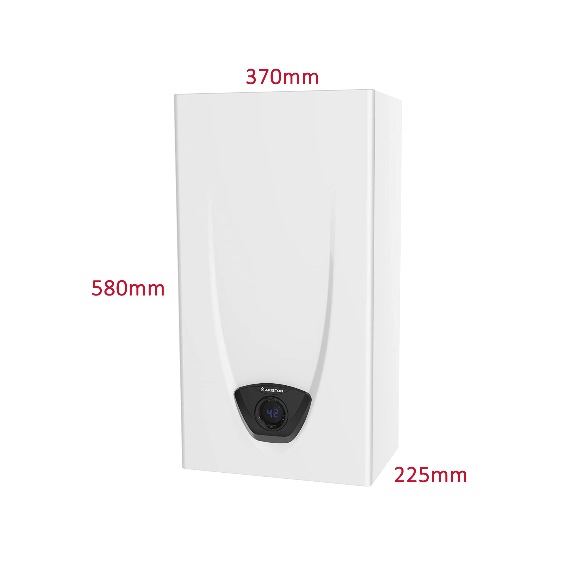 Scaldabagno Ariston bianco con dimensioni: 580 mm altezza, 370 mm larghezza, 225 mm profondità, sfondo bianco.