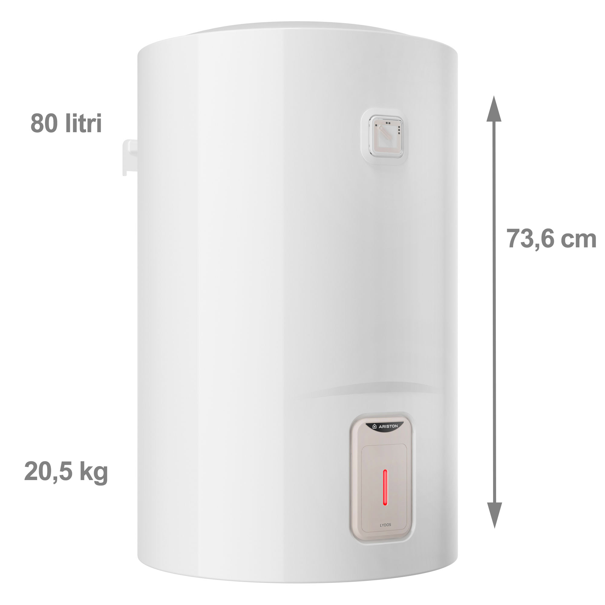 Scaldabagno cilindrico bianco con dimensioni: 80 litri, 20,5 kg, 73,6 cm altezza. Sfondo bianco.