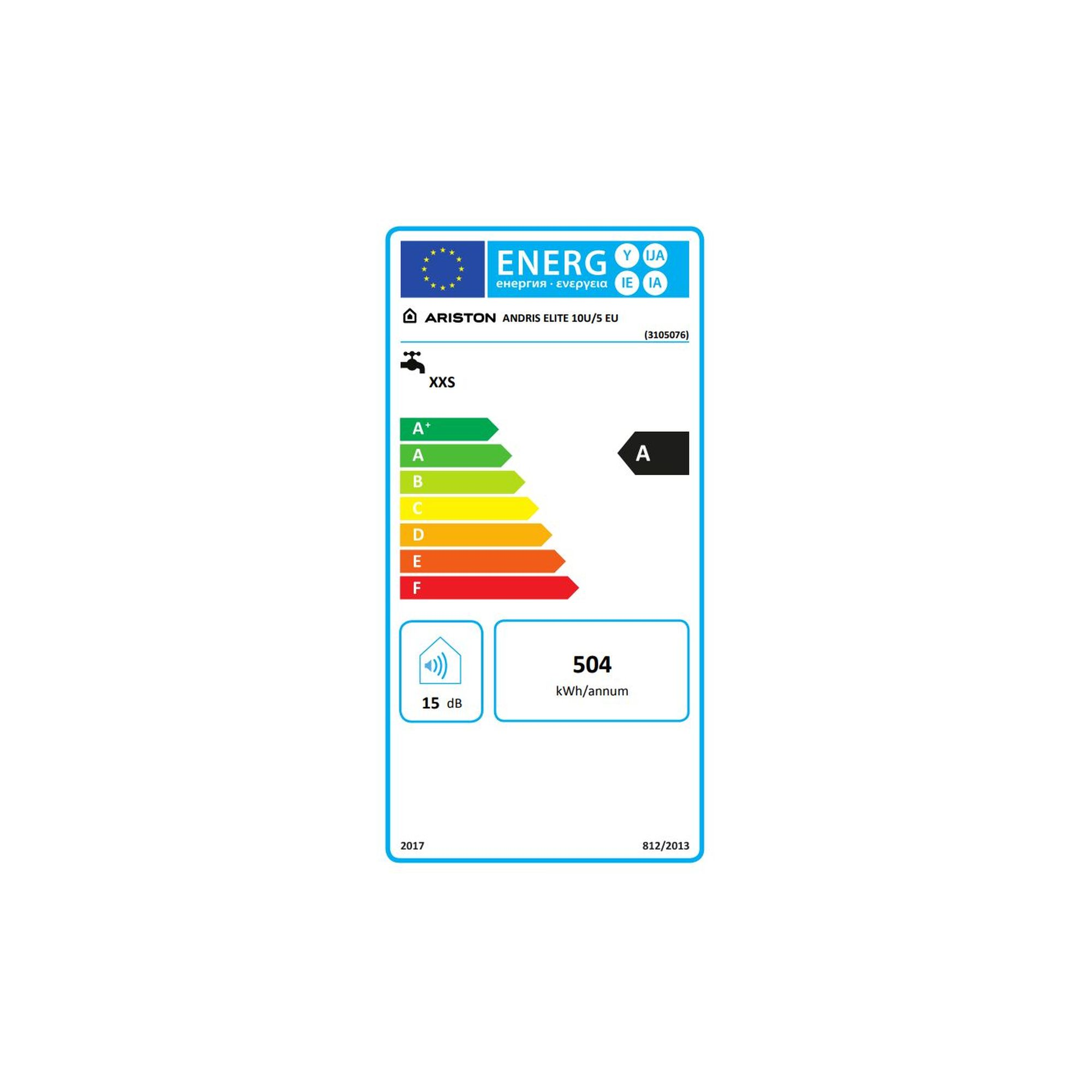 Etichetta energetica per Ariston. Mostra l'efficienza energetica, il livello sonoro e il consumo energetico annuo in kWh. È un prodotto di classe A.