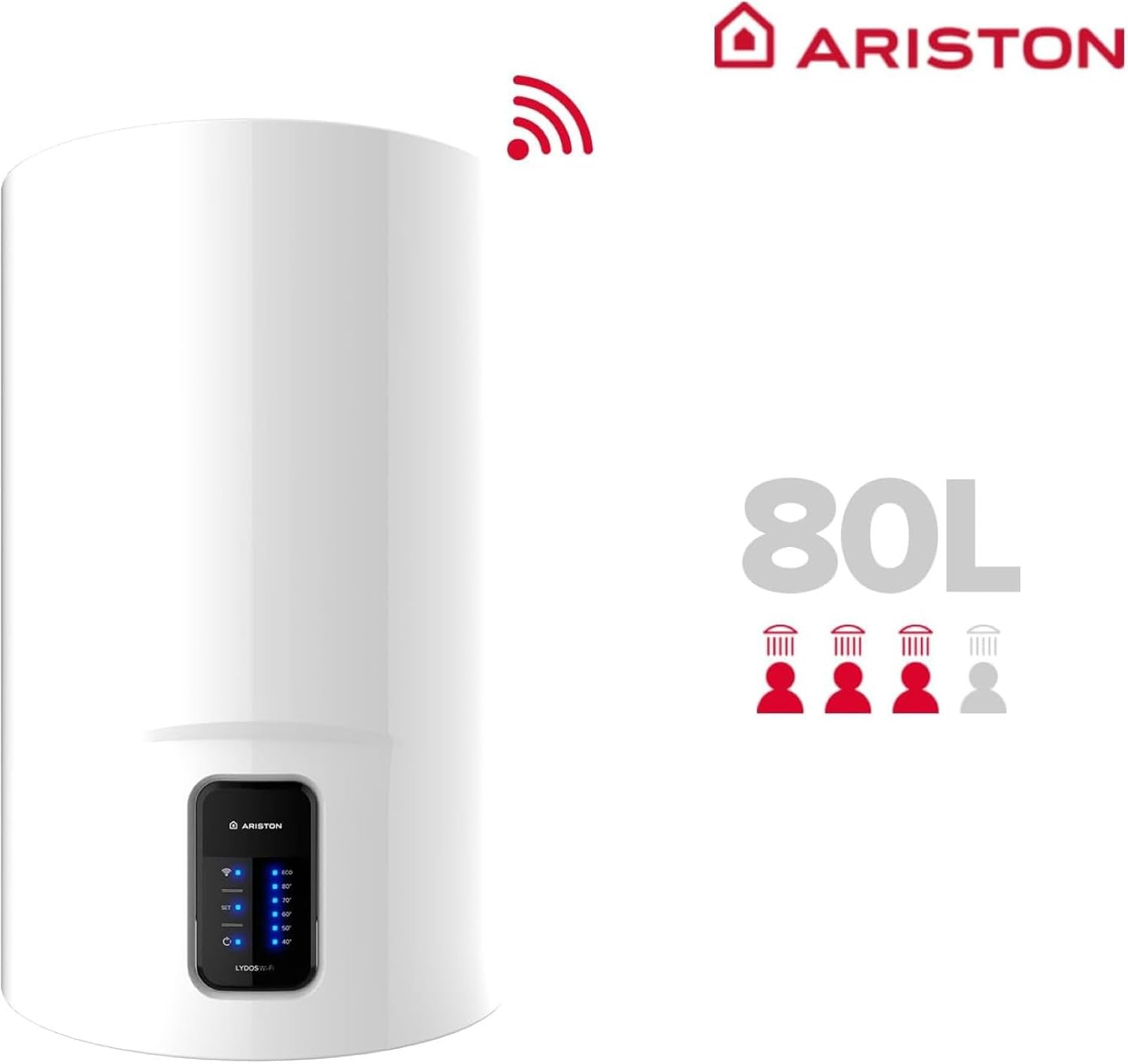 Scaldabagno Ariston bianco con capacità 80L, simbolo Wi-Fi, quattro icone doccia e logo Ariston.