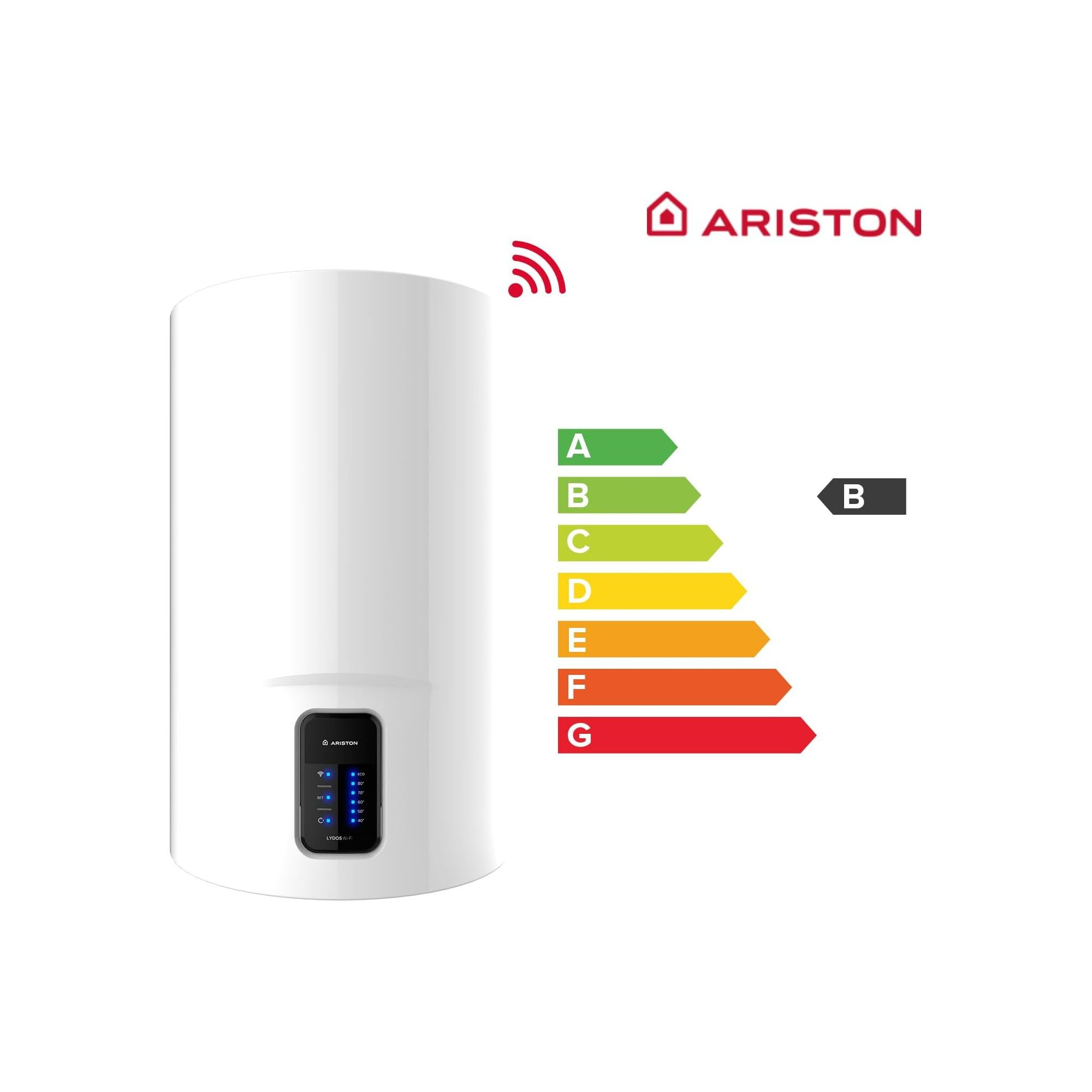 Scaldabagno Ariston bianco con etichetta di efficienza energetica. Simbolo Wi-Fi e logo Ariston presenti.