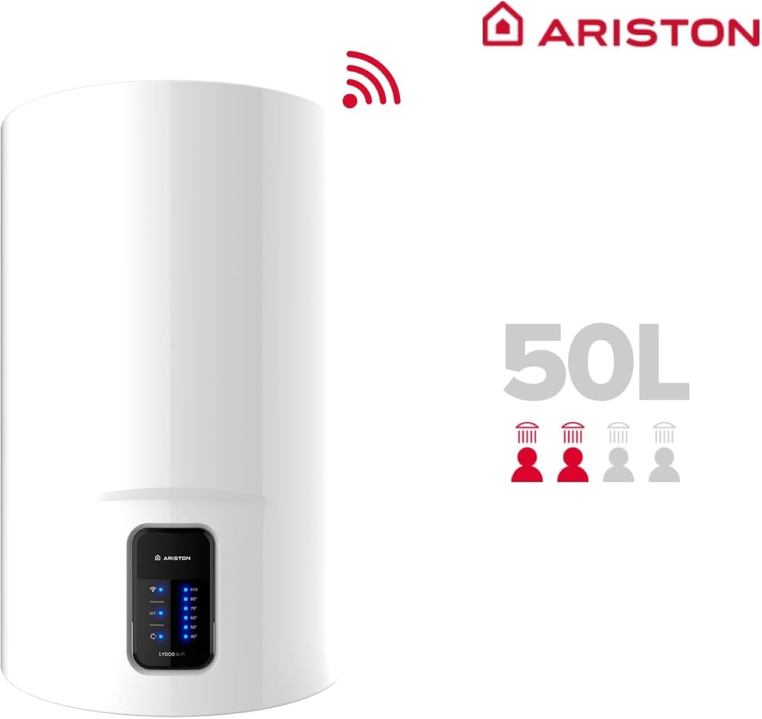 Scaldabagno Ariston bianco con capacità di 50L, simbolo Wi-Fi, quattro icone doccia e logo.