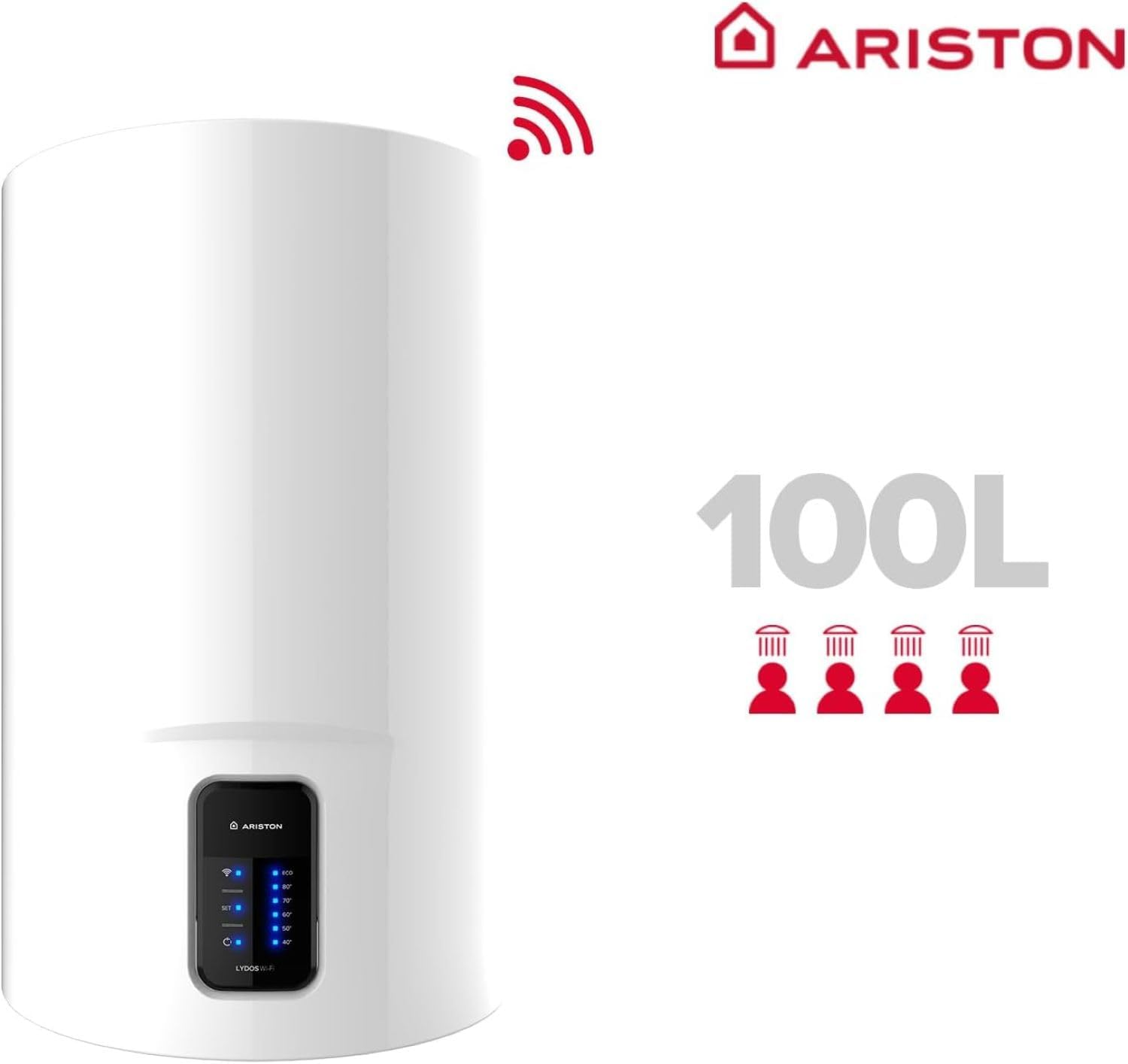 Scaldabagno Ariston bianco con capacità di 100L, simbolo Wi-Fi, quattro icone doccia e logo Ariston.