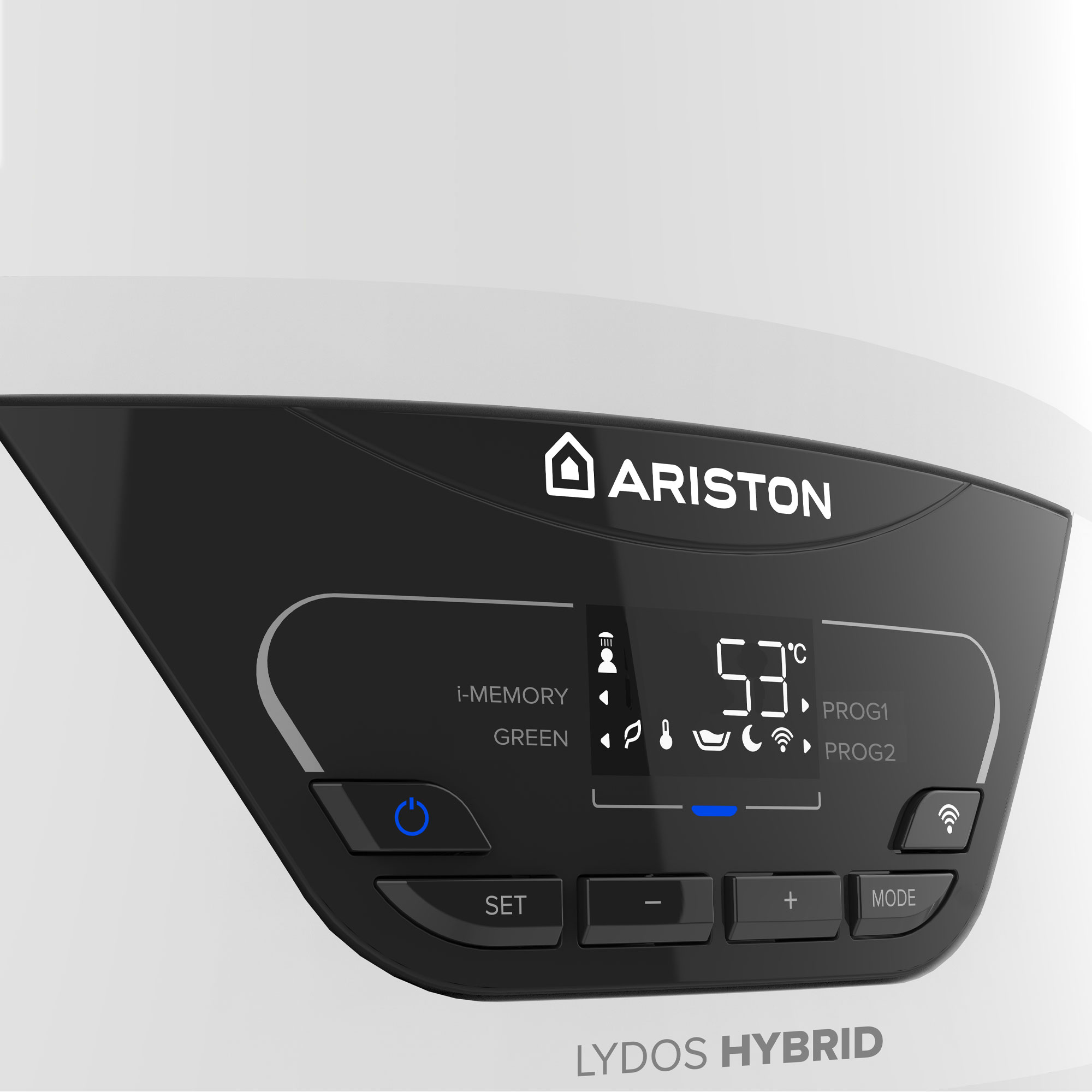 Pannello di controllo del boiler bianco e nero. Visualizza temperatura, impostazioni e logo Ariston. Ha pulsanti di controllo.