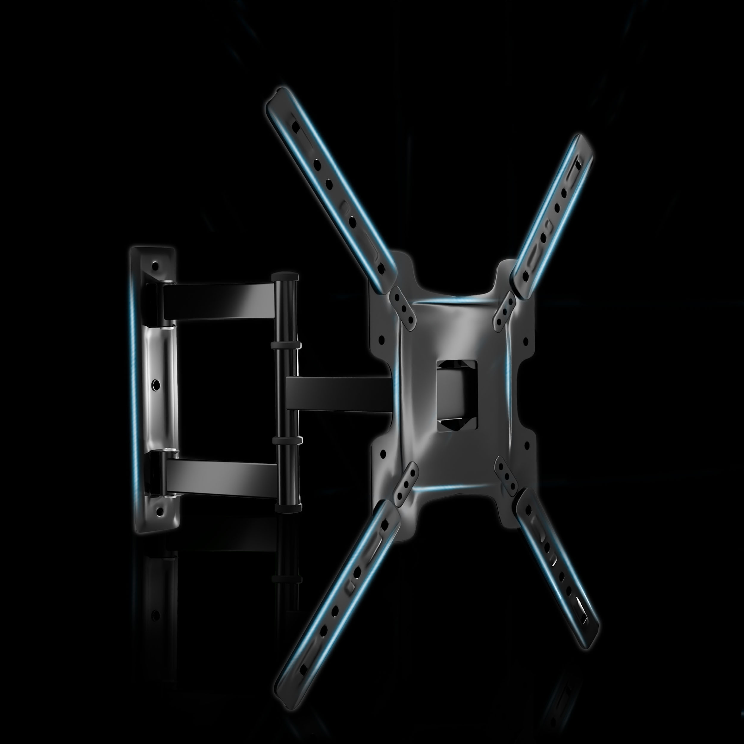 Czarny uchwyt ścienny do telewizora z niebieskimi obrysami, na czarnym tle. Powierzchnia odblaskowa.