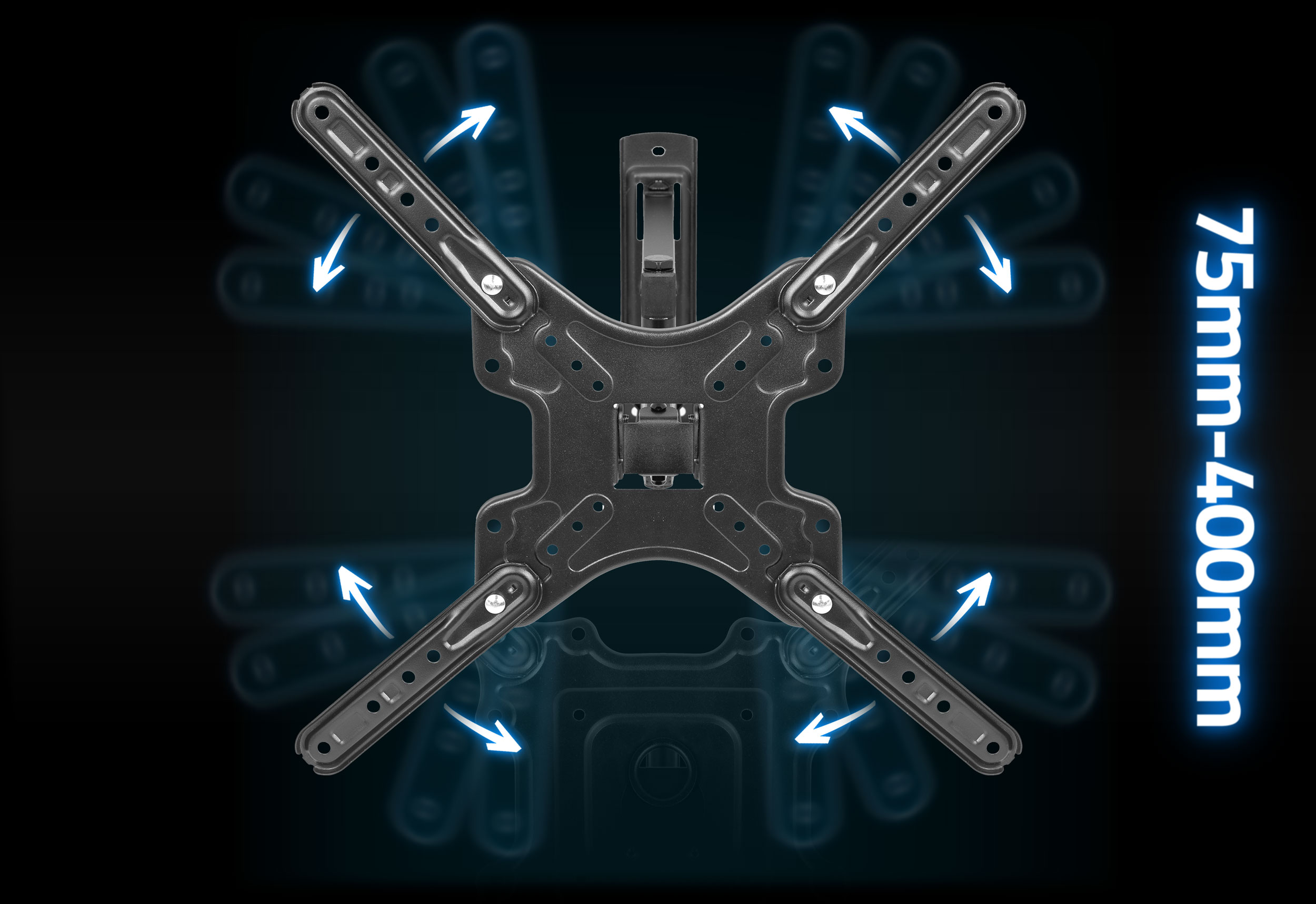 Czarny uchwyt ścienny do telewizora z mechanizmem obrotowym i stopniem obrotu.