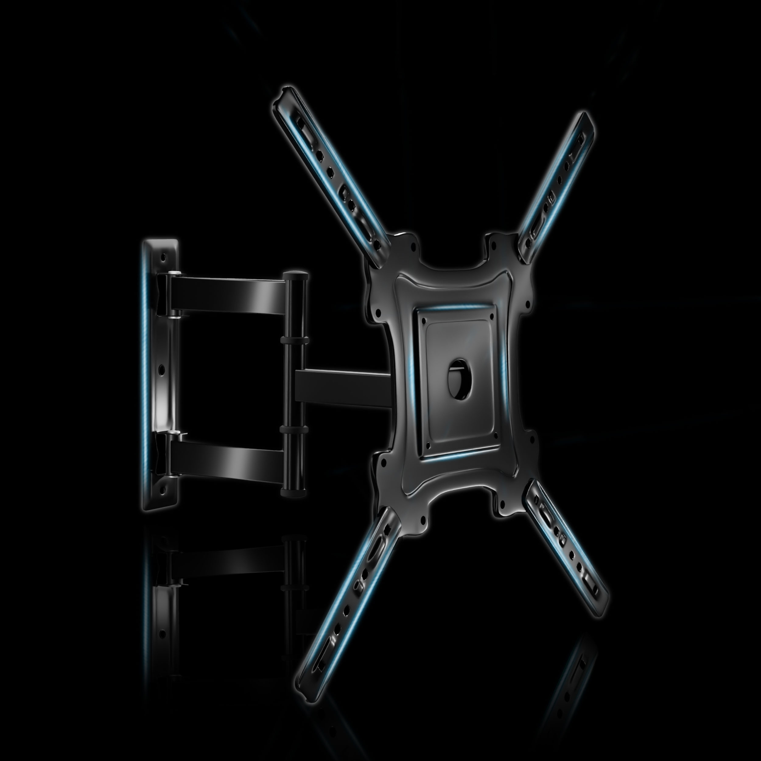 Czarny uchwyt ścienny do telewizora z niebieskimi obrysami, na czarnym tle. Powierzchnia odblaskowa.