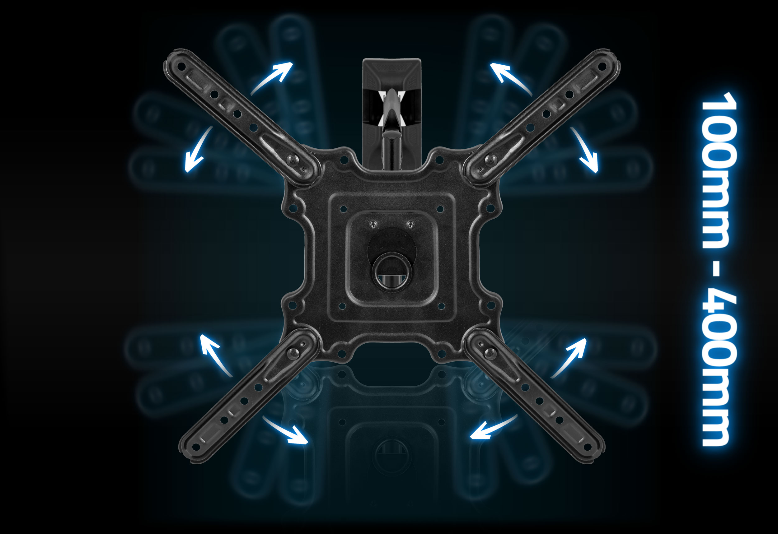 Uchwyt ścienny do telewizora na ciemnoniebieskim tle. Białe strzałki pokazują ruch. Wyświetlany jest tekst 100mm-400mm.