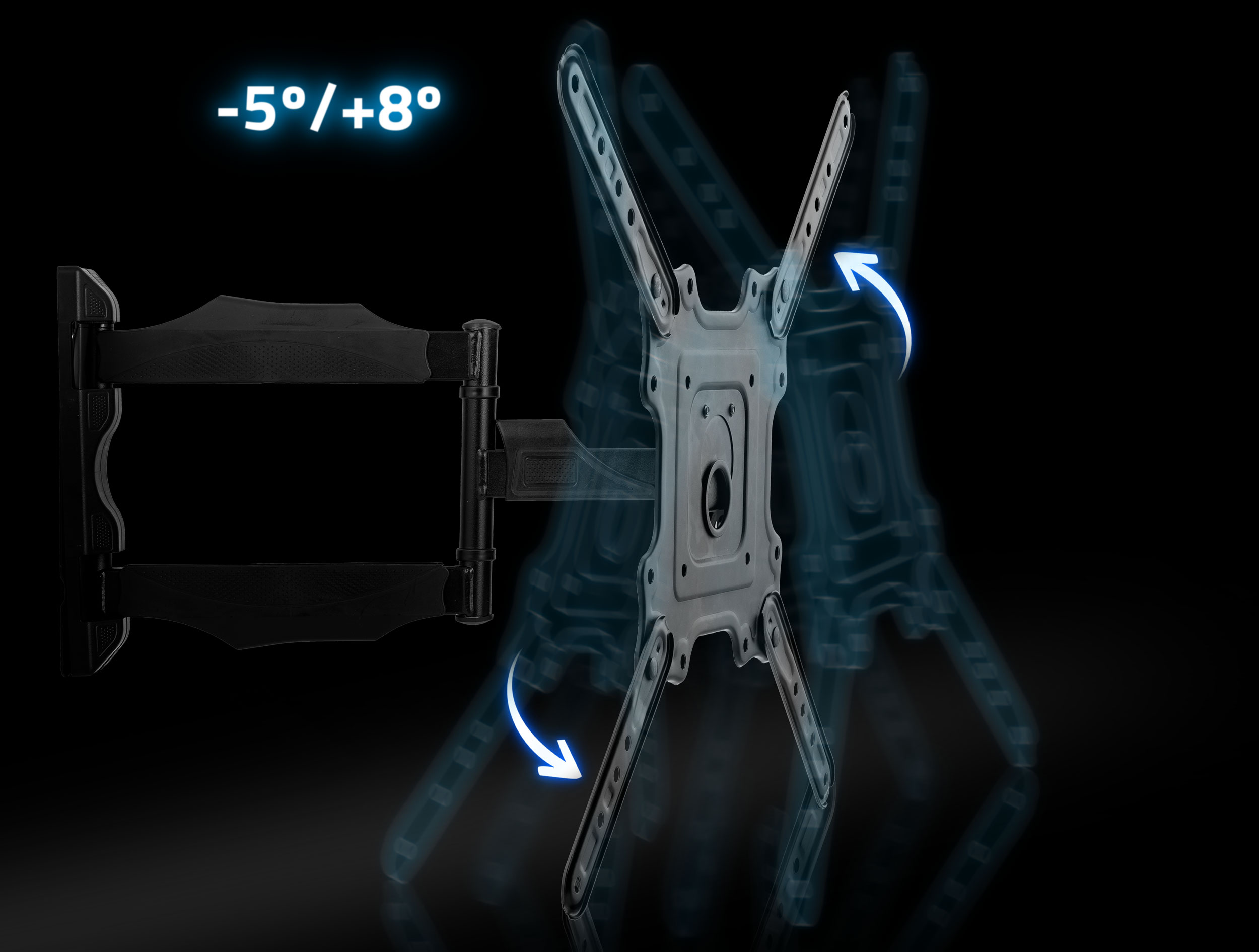 Czarny uchwyt ścienny do telewizora z mechanizmem obrotowym. Obraz pokazuje stopień obrotu.