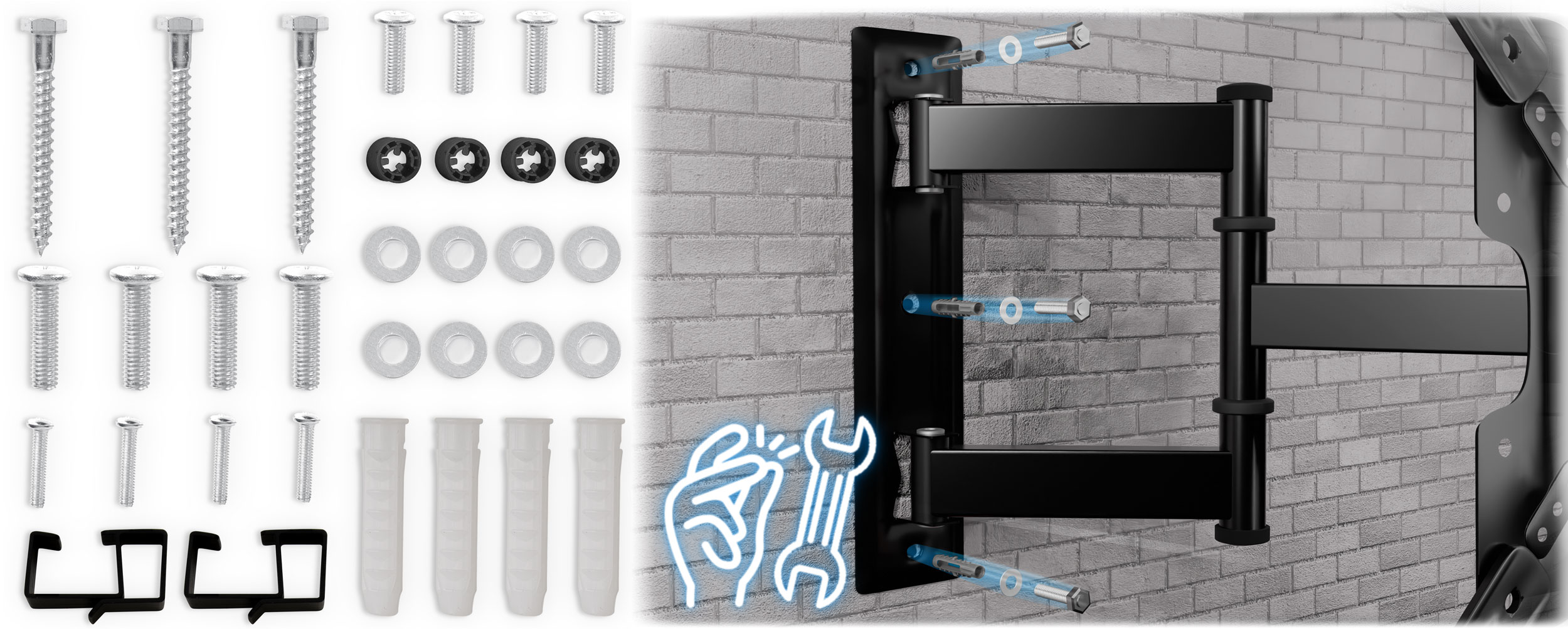 Różne śruby, podkładki i kołki ścienne z uchwytem na ścianie z cegieł.