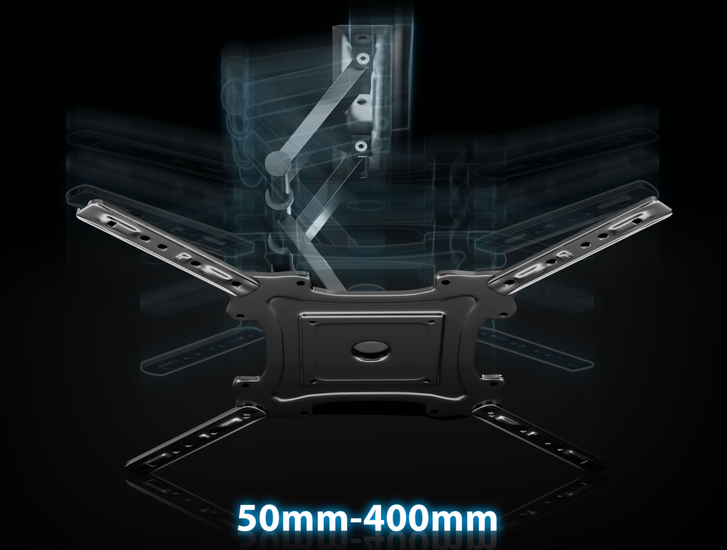 Uchwyt ścienny do telewizora na ciemnoniebieskim tle. Tekst 50mm-400mm jest wyświetlany na dole.