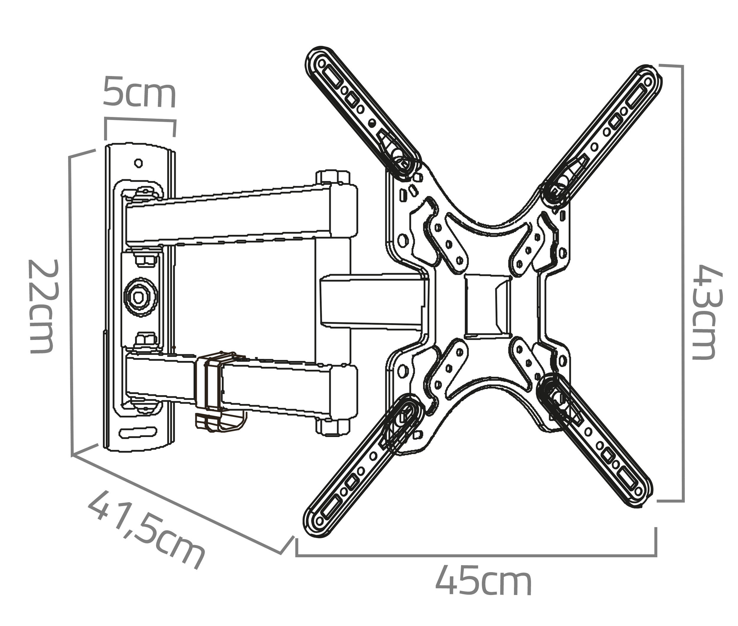 Schemat uchwytu ściennego do telewizora. Wymiary są uwzględnione po bokach, z pomiarami metrycznymi.
