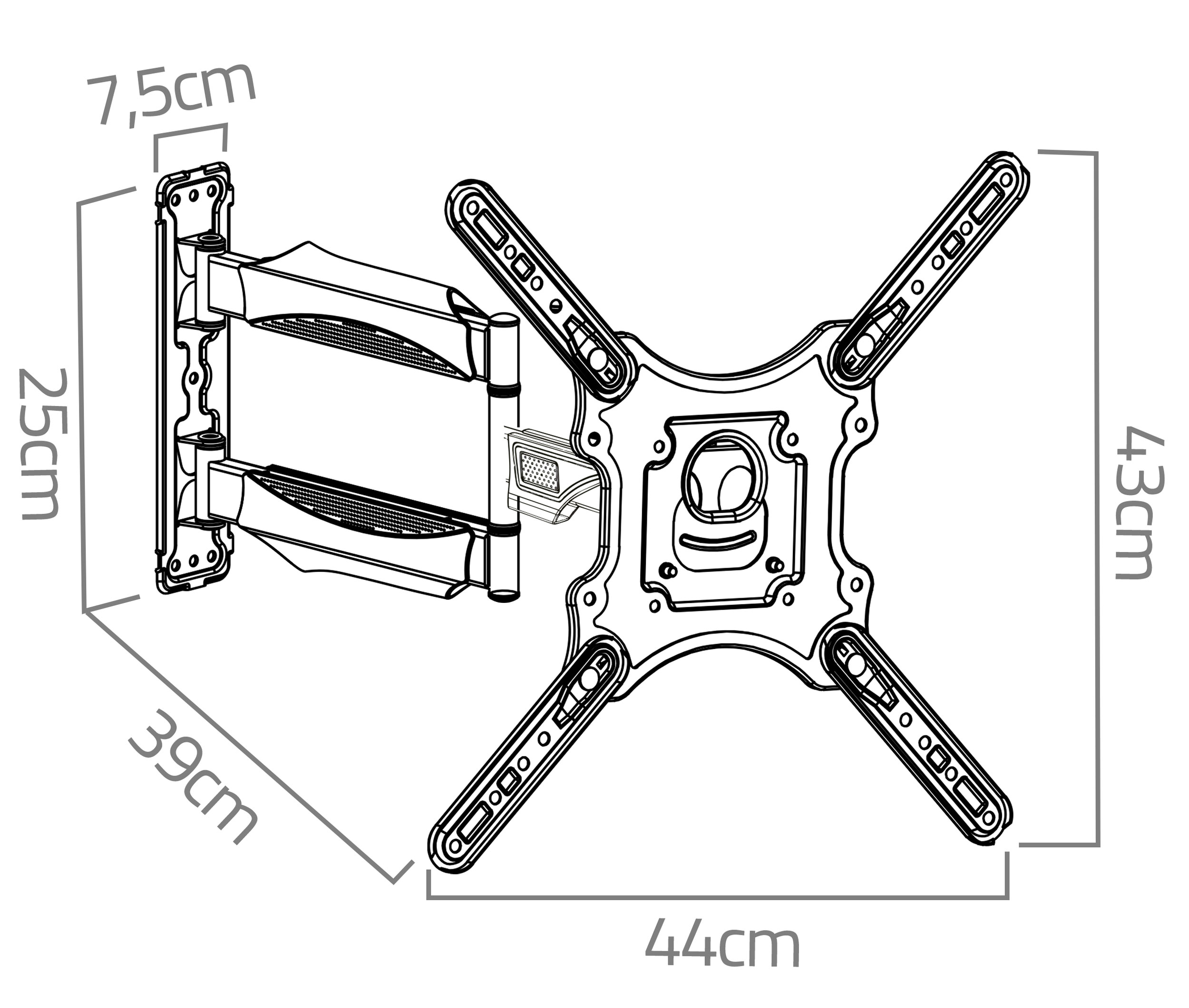 Uchwyt ścienny do TV z wymiarami: 25cm wysokości, 39cm szerokości, 44cm szerokości i 7,5cm głębokości.